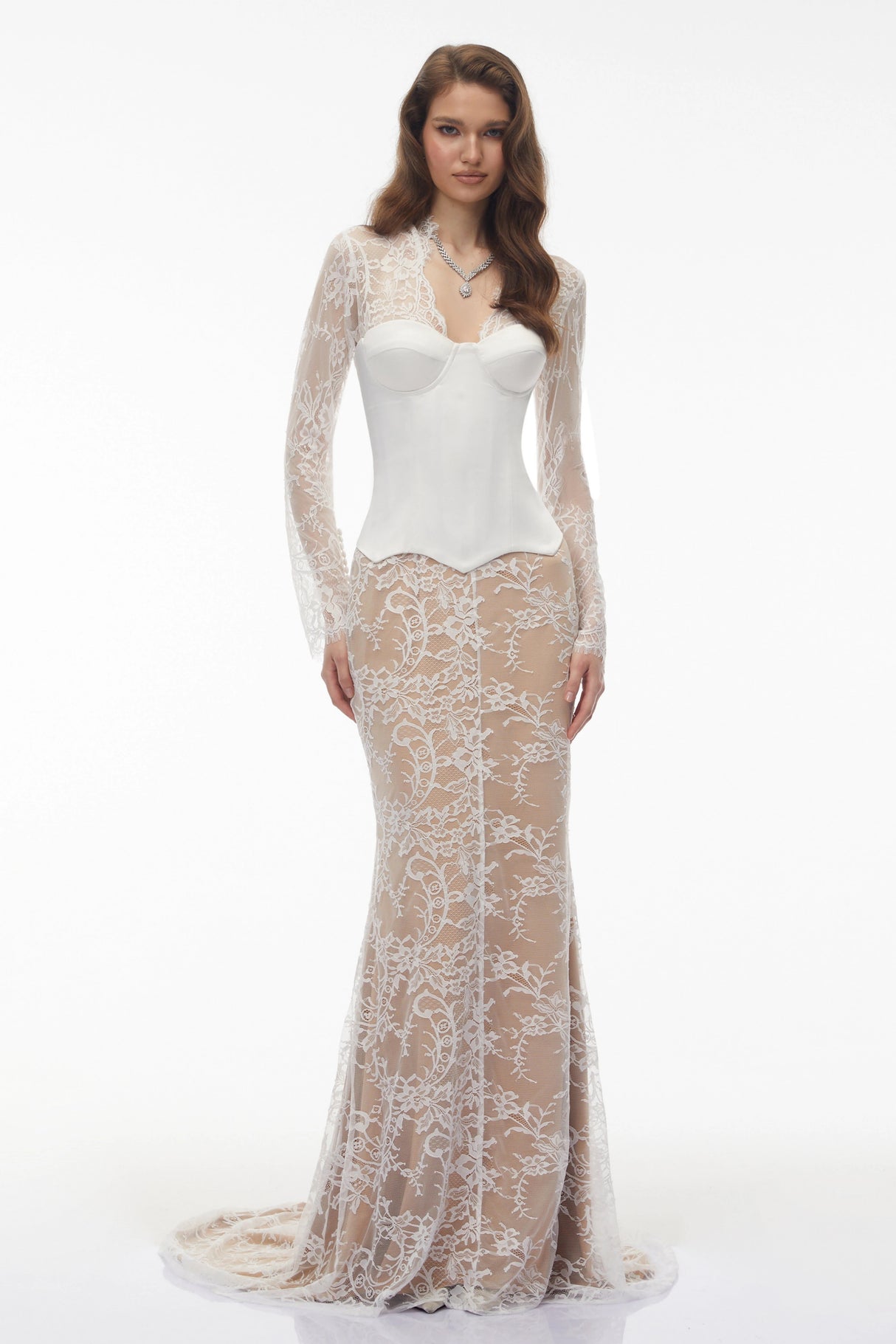 Bethany White Asymmetrical Lace Maxi Dress