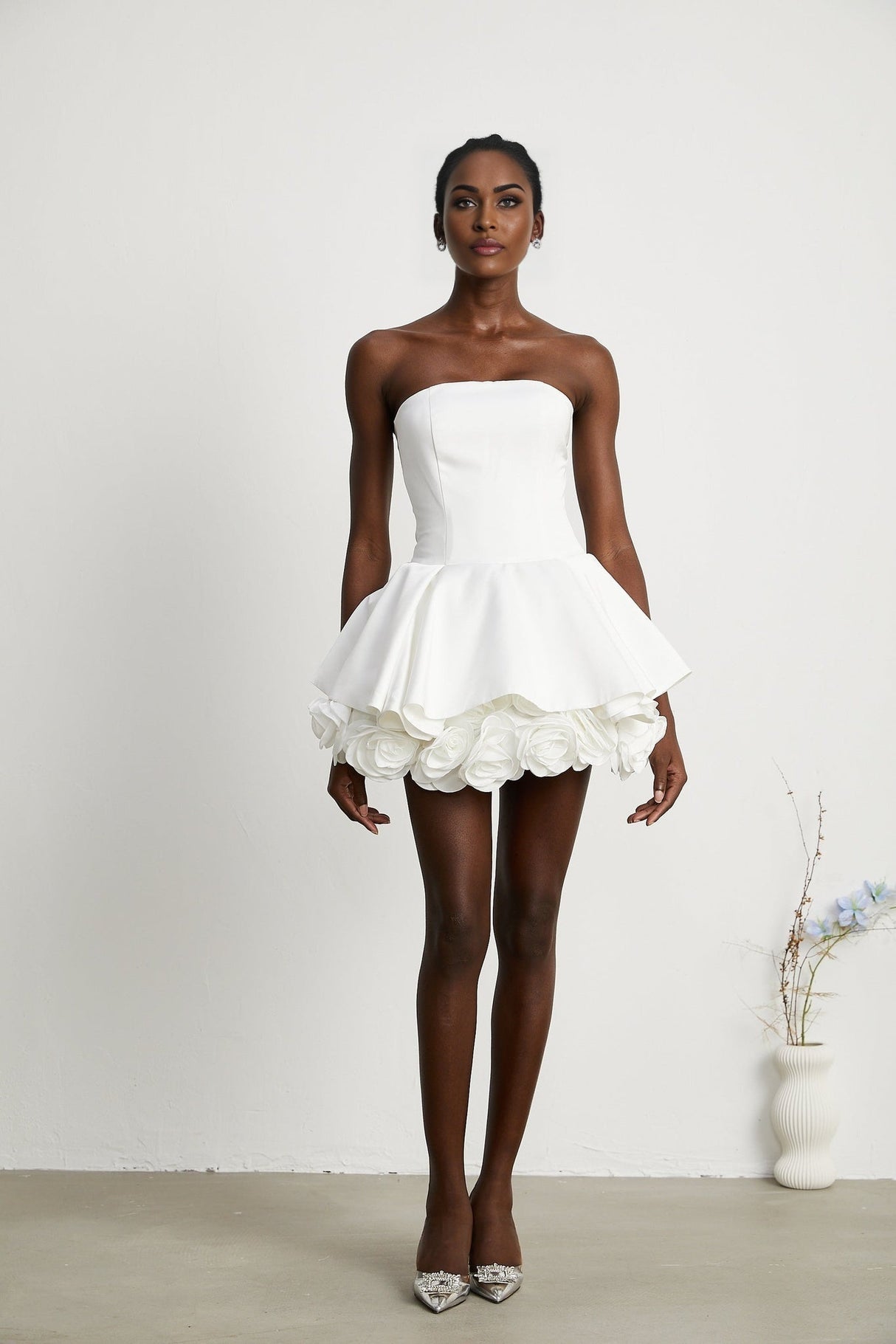 Bettina Off Shoulder Mini Dress - Layered Design - Fitted Waist - Flared Skirt - 3D Petal Detailing