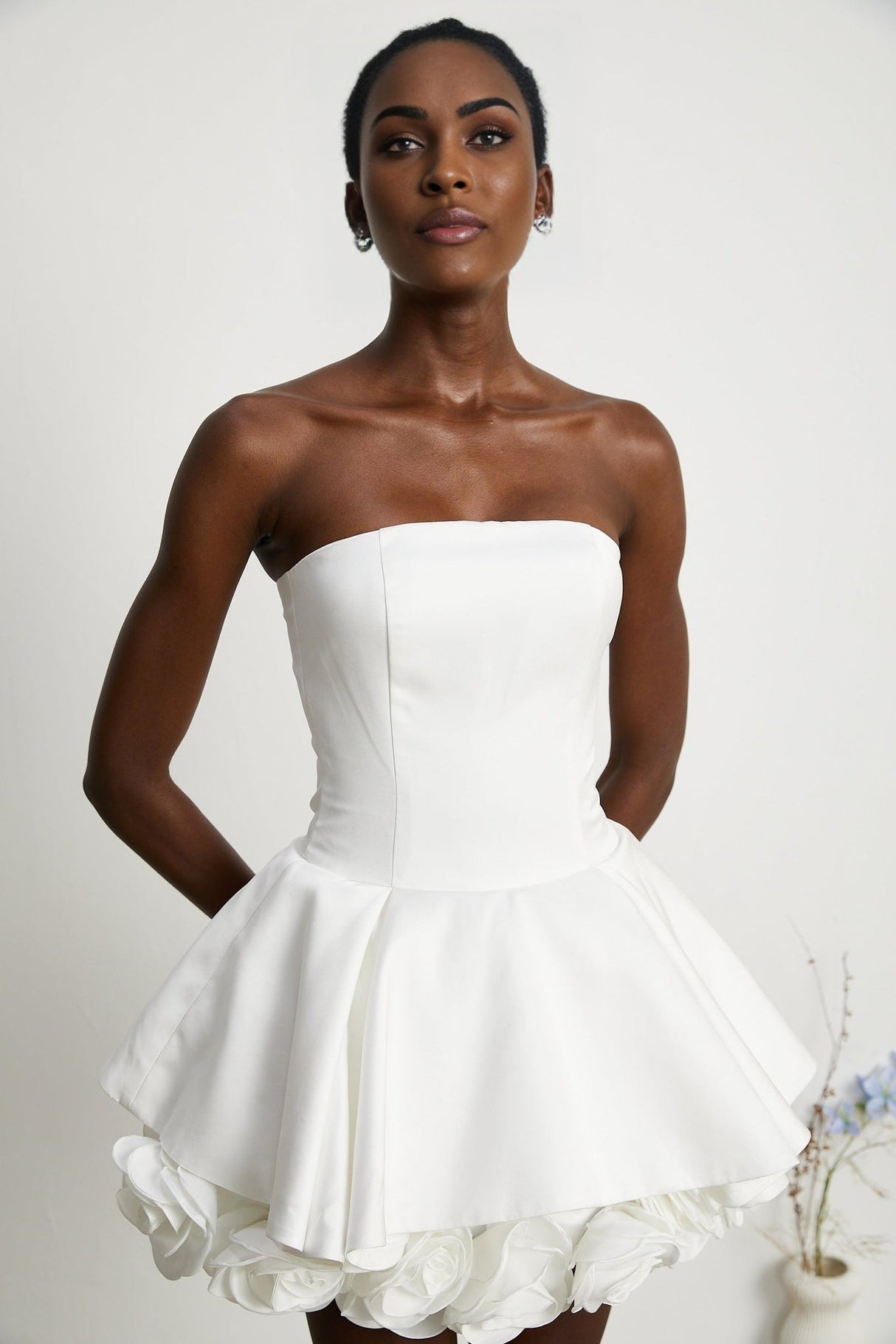 Bettina Off Shoulder Mini Dress - Layered Design - Fitted Waist - Flared Skirt - 3D Petal Detailing