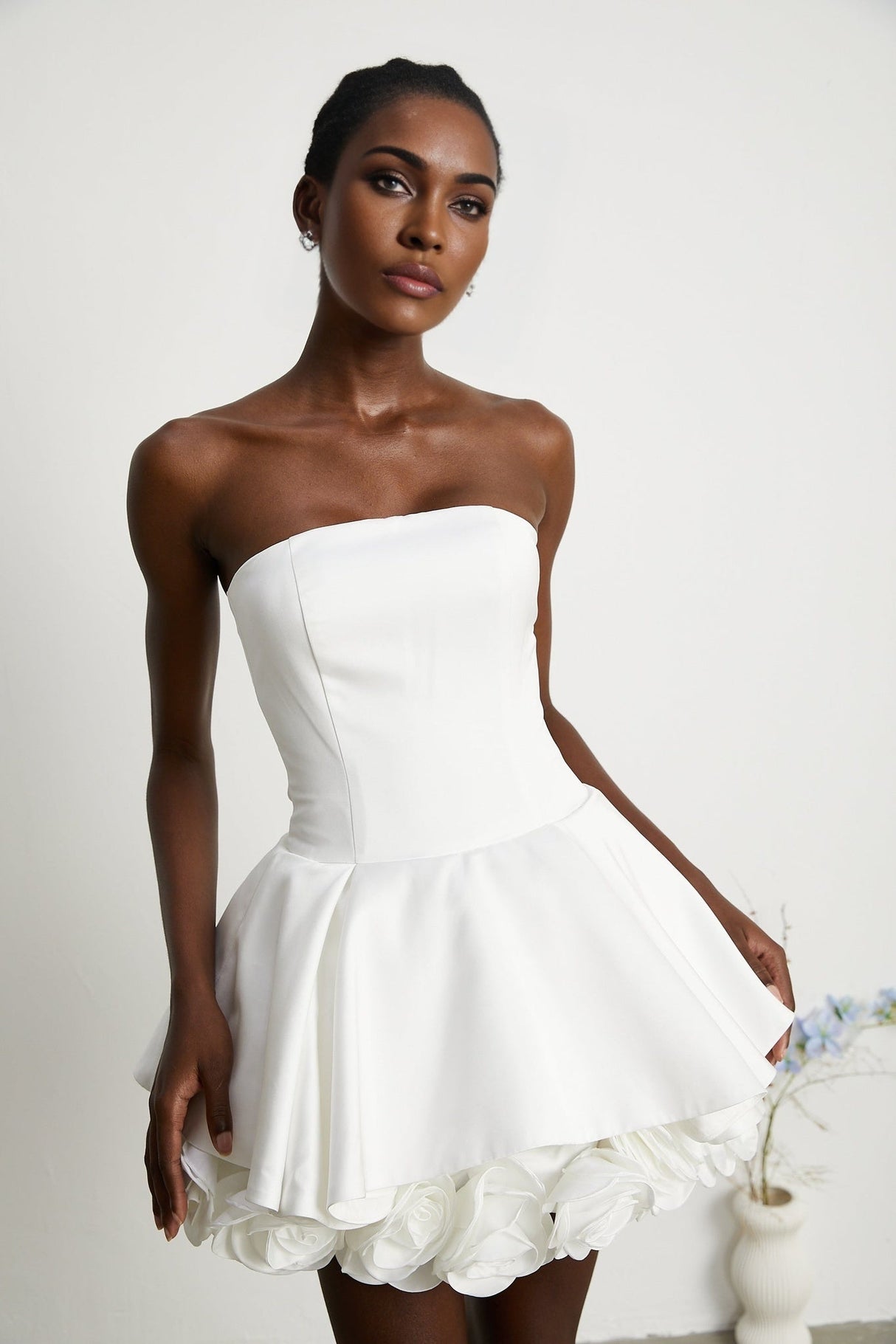 Bettina Off Shoulder Mini Dress - Layered Design - Fitted Waist - Flared Skirt - 3D Petal Detailing