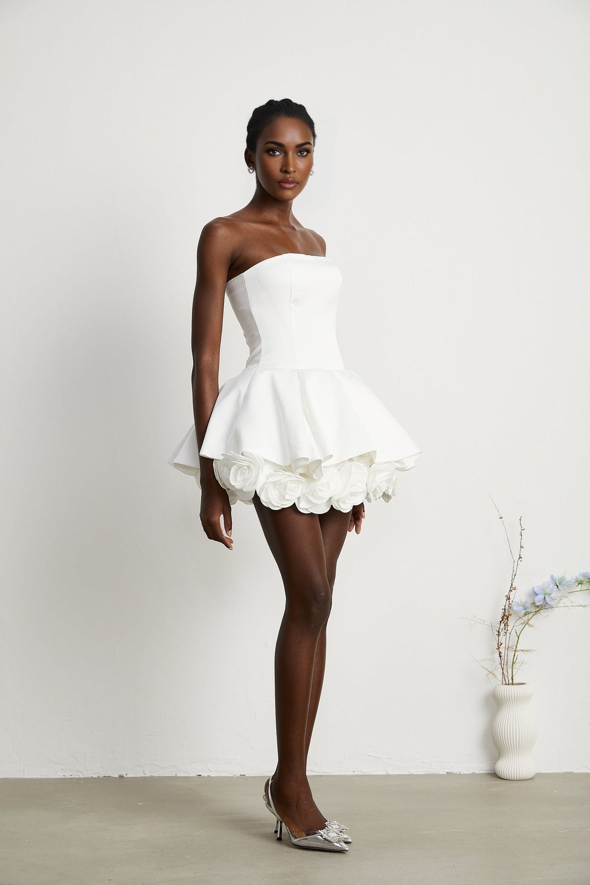 Bettina Off Shoulder Mini Dress - Layered Design - Fitted Waist - Flared Skirt - 3D Petal Detailing