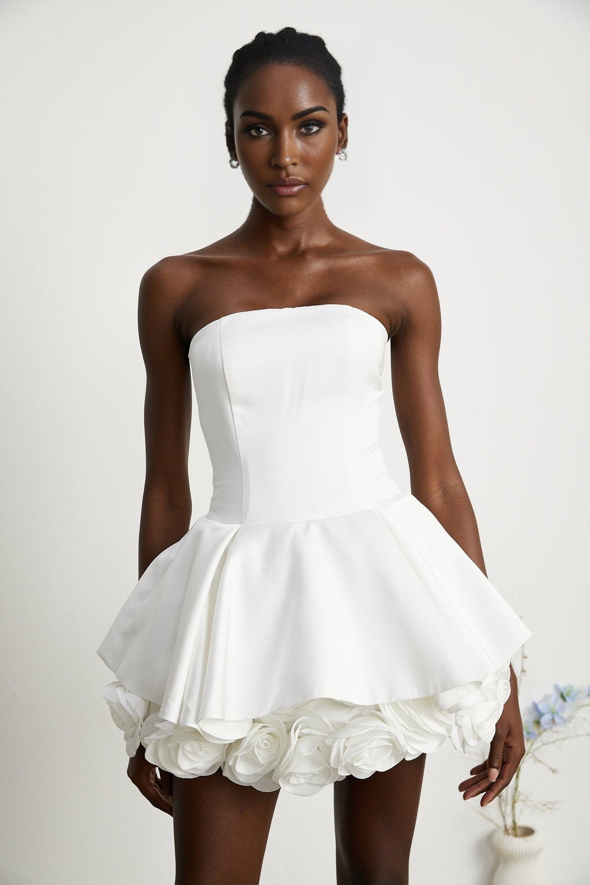 Bettina Off Shoulder Mini Dress - Layered Design - Fitted Waist - Flared Skirt - 3D Petal Detailing