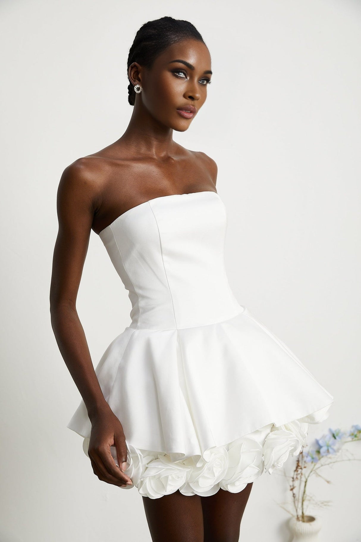 Bettina Off Shoulder Mini Dress - Layered Design - Fitted Waist - Flared Skirt - 3D Petal Detailing