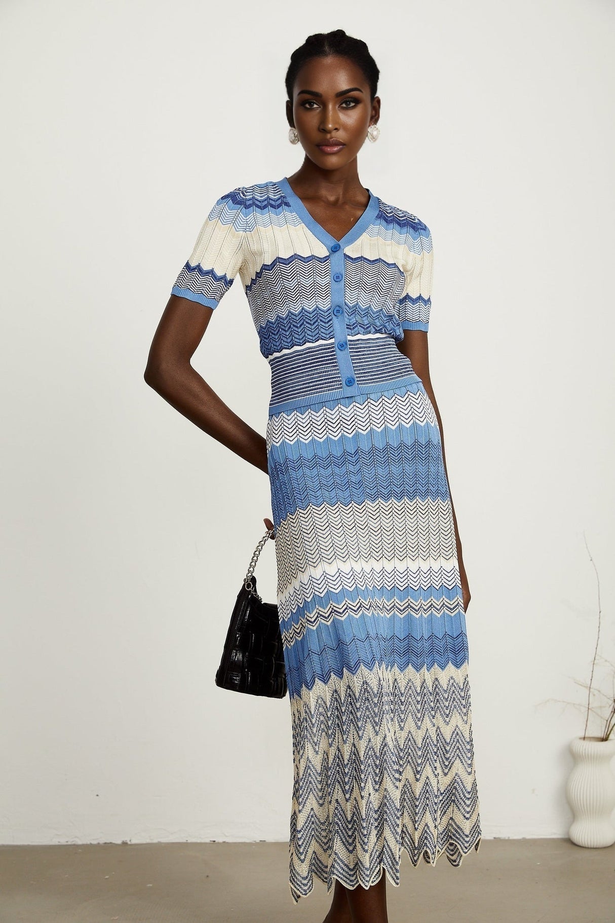 Bianca Skirt & Top Set - Ribbed Knit - Zigzag Woven Design - V - Neck - Button Fastening