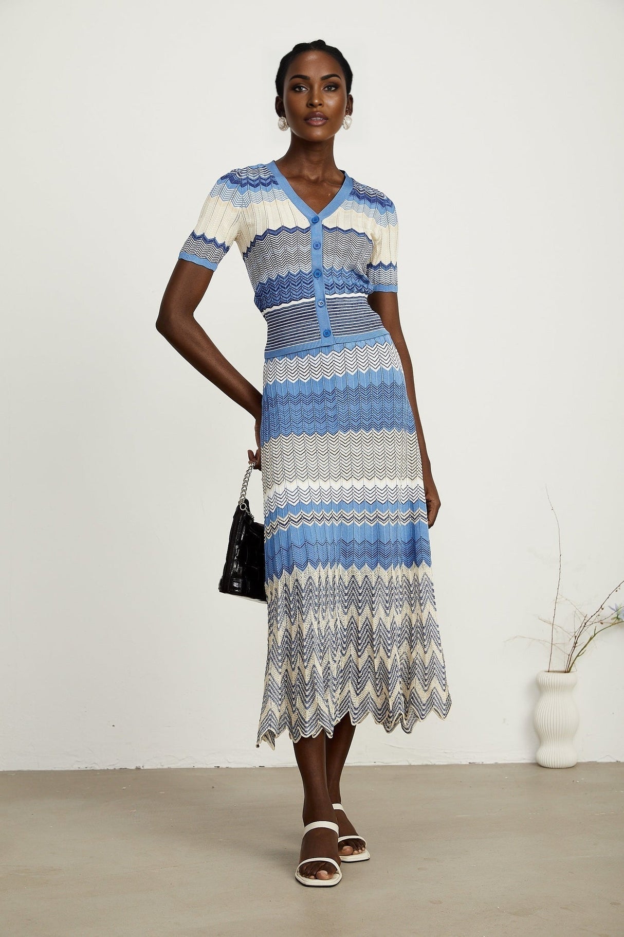 Bianca Skirt & Top Set - Ribbed Knit - Zigzag Woven Design - V - Neck - Button Fastening