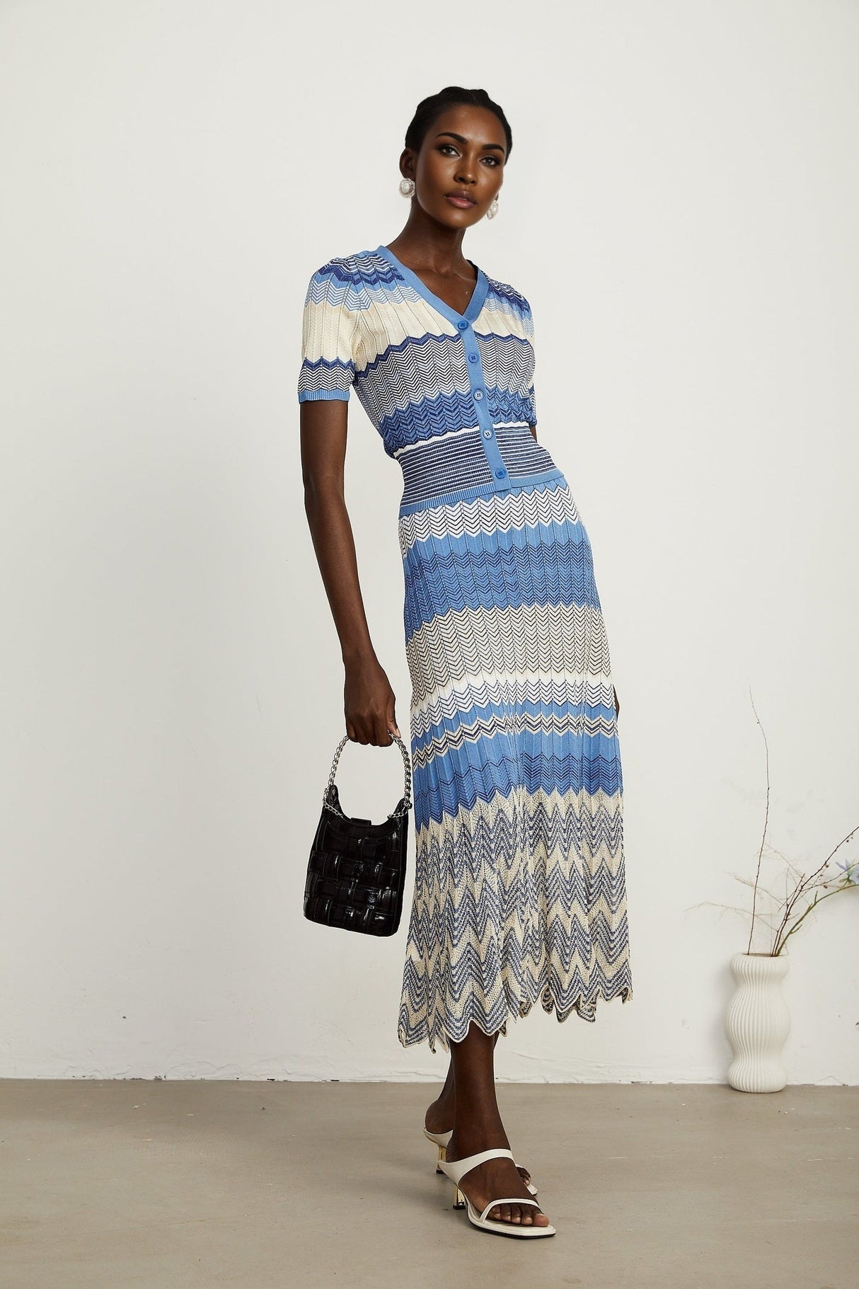 Bianca Skirt & Top Set - Ribbed Knit - Zigzag Woven Design - V - Neck - Button Fastening