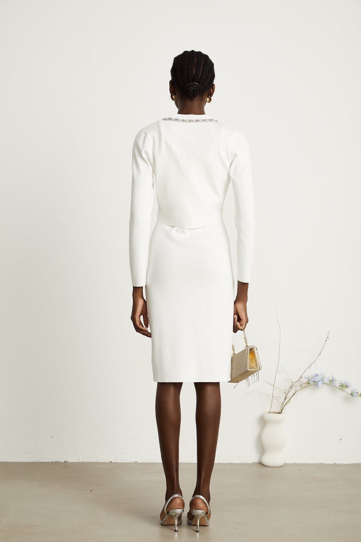 Biancamaria Cardigan & Dress - V Neck - Beaded Embellishment - Knitted Construction - Midi Length