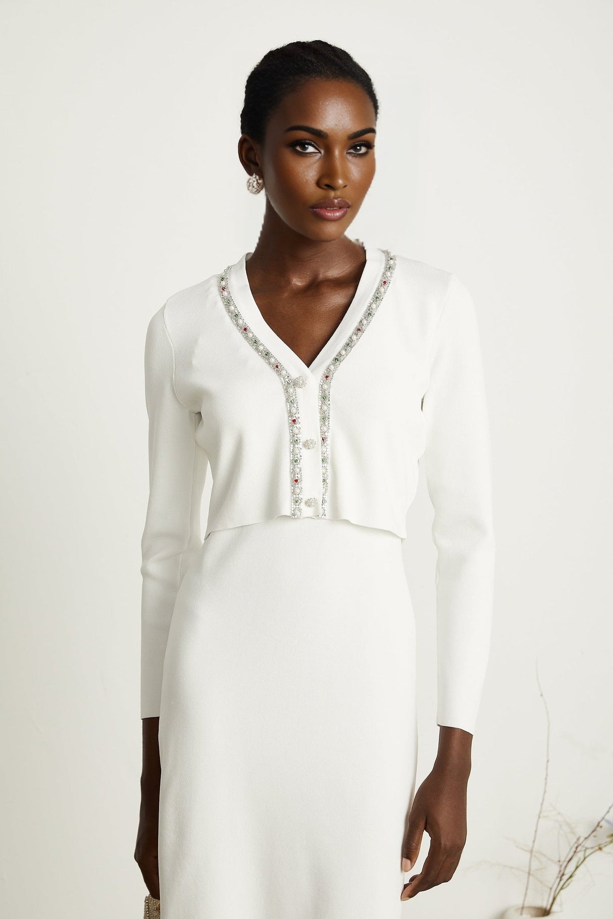 Biancamaria Cardigan & Dress - V Neck - Beaded Embellishment - Knitted Construction - Midi Length