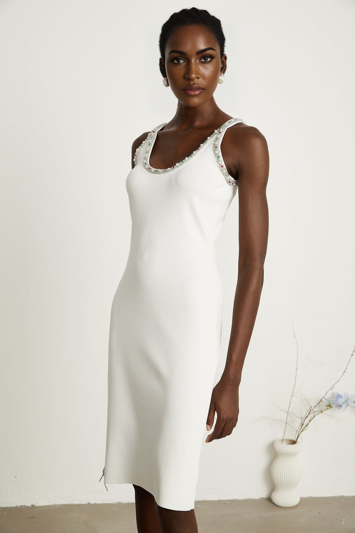 Biancamaria Cardigan & Dress - V Neck - Beaded Embellishment - Knitted Construction - Midi Length