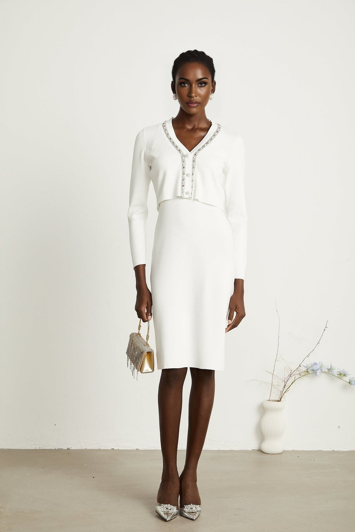 Biancamaria Cardigan & Dress - V Neck - Beaded Embellishment - Knitted Construction - Midi Length