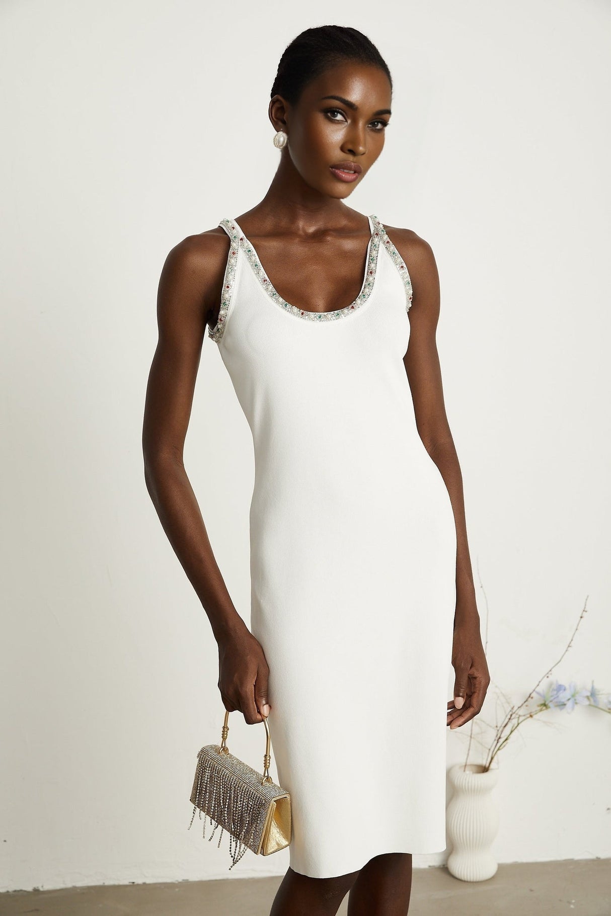 Biancamaria Cardigan & Dress - V Neck - Beaded Embellishment - Knitted Construction - Midi Length