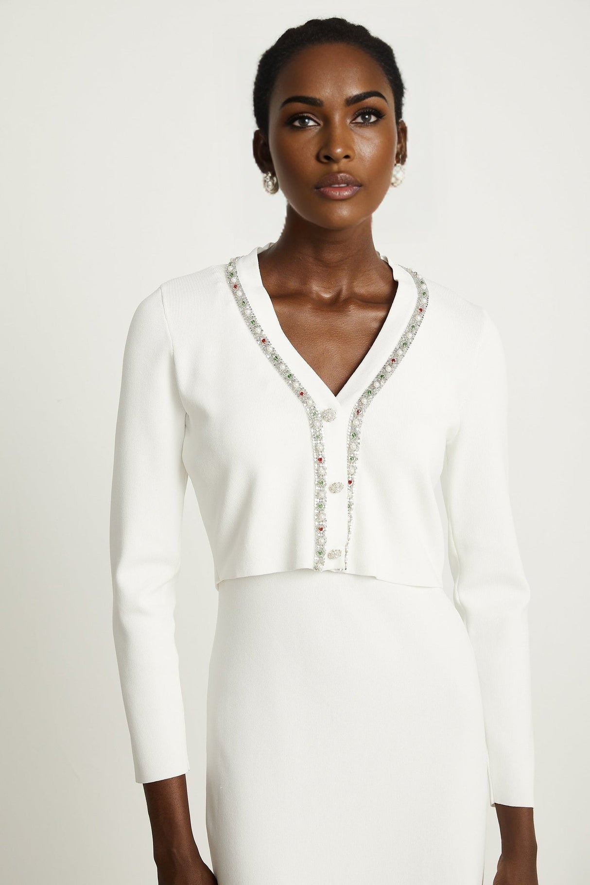 Biancamaria Cardigan & Dress - V Neck - Beaded Embellishment - Knitted Construction - Midi Length