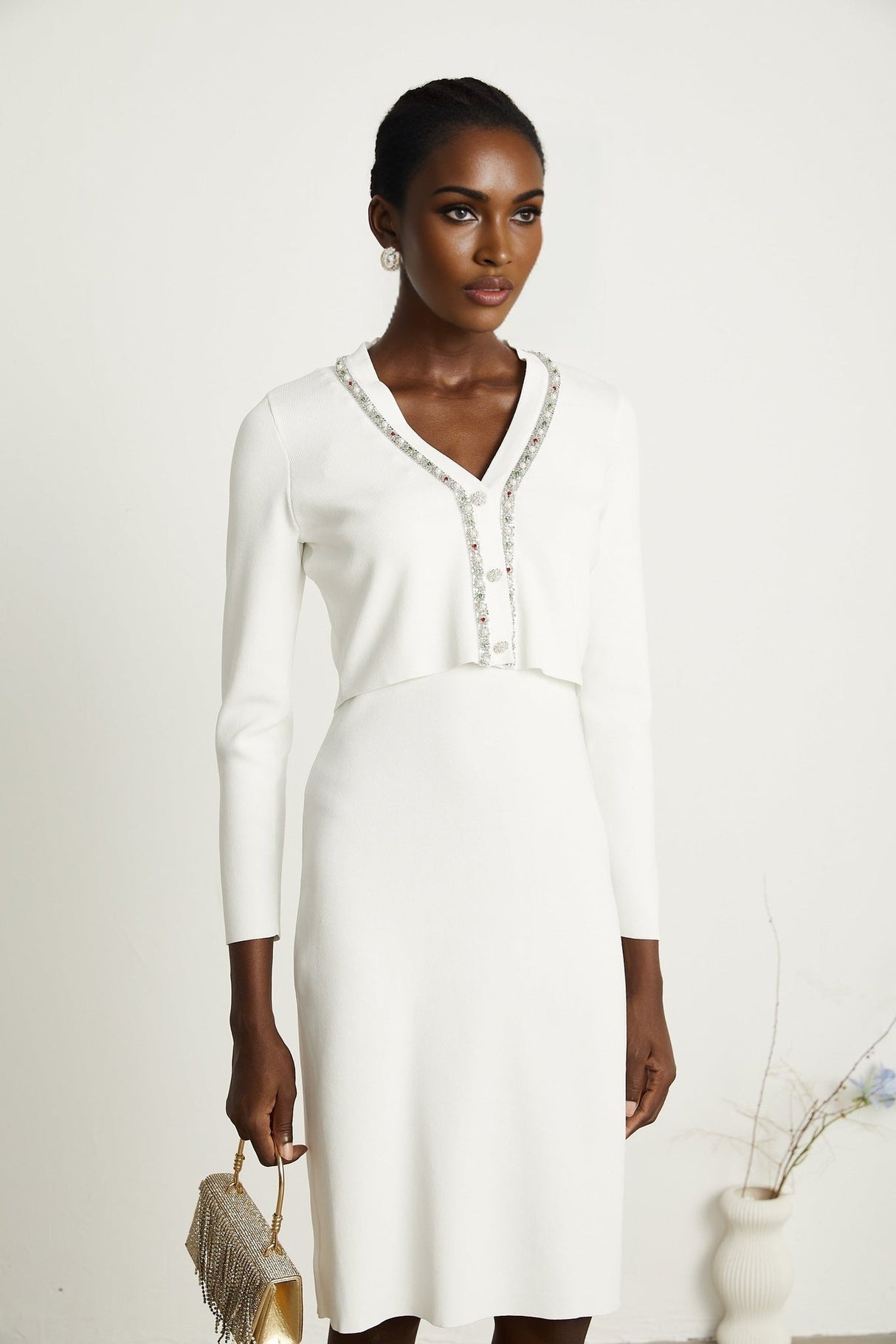 Biancamaria Cardigan & Dress - V Neck - Beaded Embellishment - Knitted Construction - Midi Length