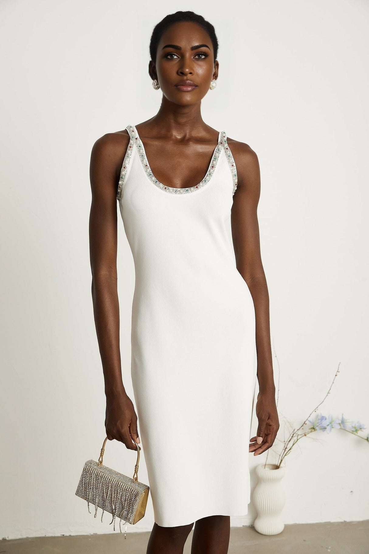 Biancamaria Cardigan & Dress - V Neck - Beaded Embellishment - Knitted Construction - Midi Length