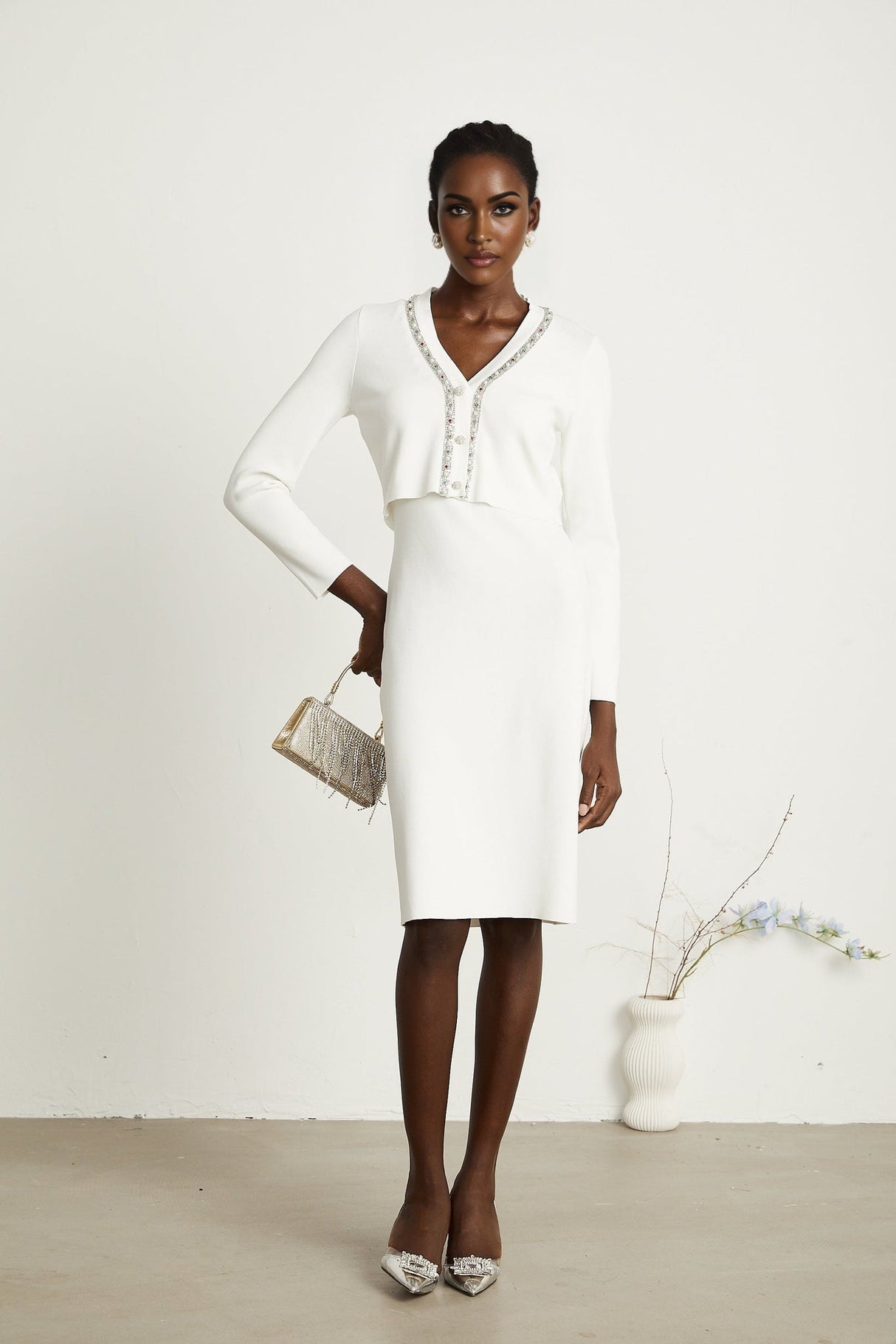 Biancamaria Cardigan & Dress - V Neck - Beaded Embellishment - Knitted Construction - Midi Length