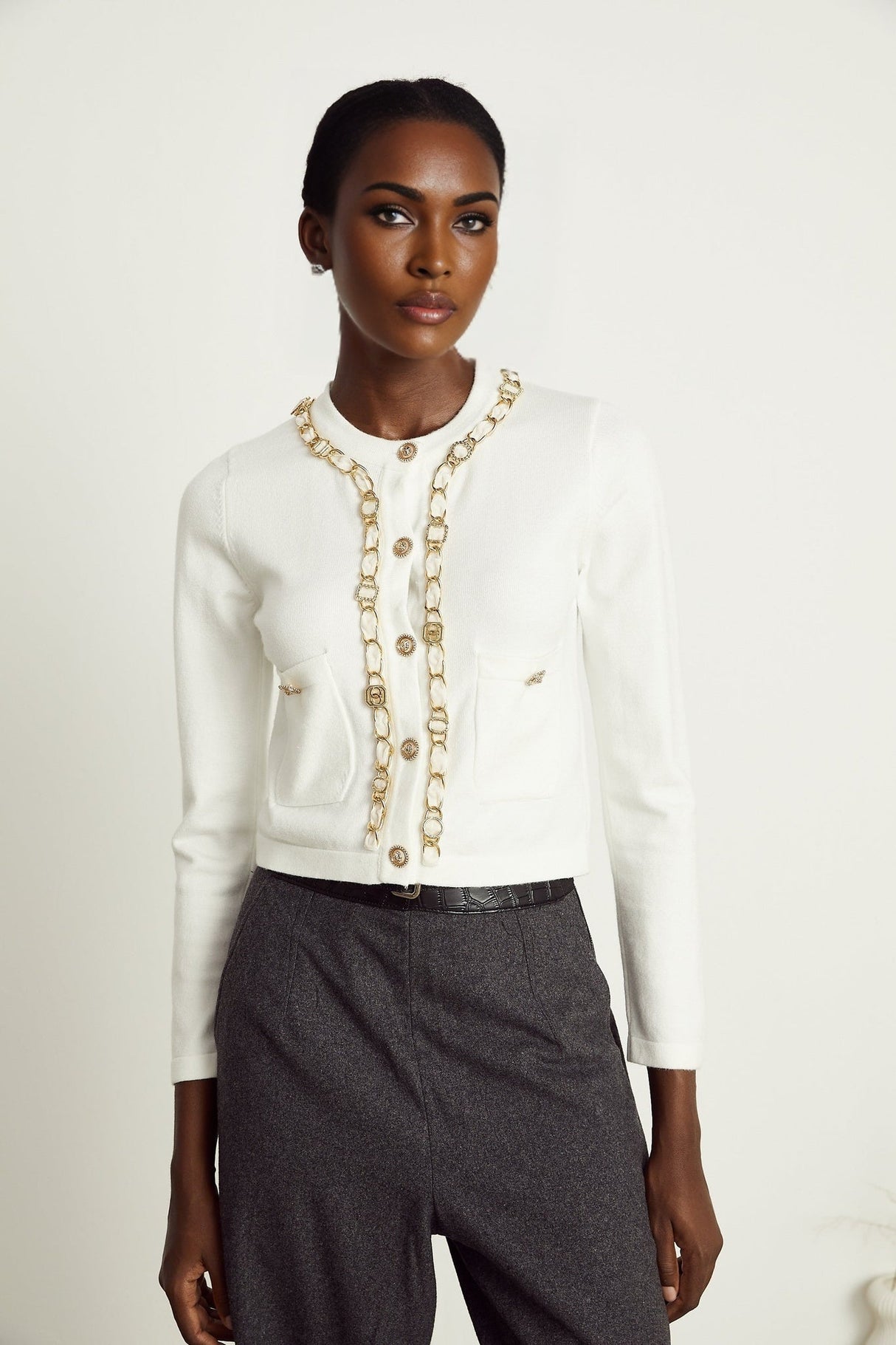 Biancamaria Knitted Cardigan - Chain - link Trim - Long Sleeves - Patch Pockets - Decorative Buttons