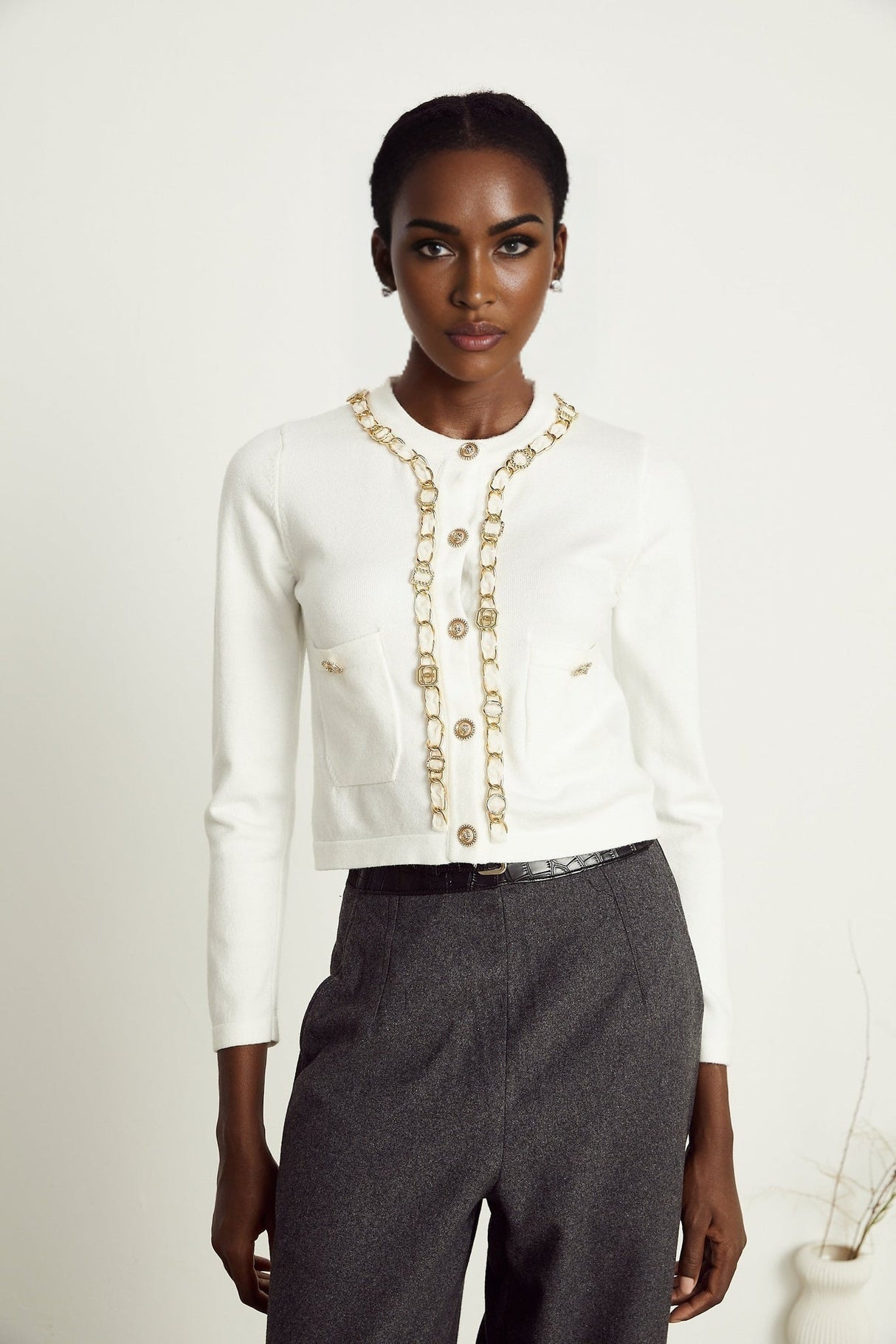 Biancamaria Knitted Cardigan - Chain - link Trim - Long Sleeves - Patch Pockets - Decorative Buttons