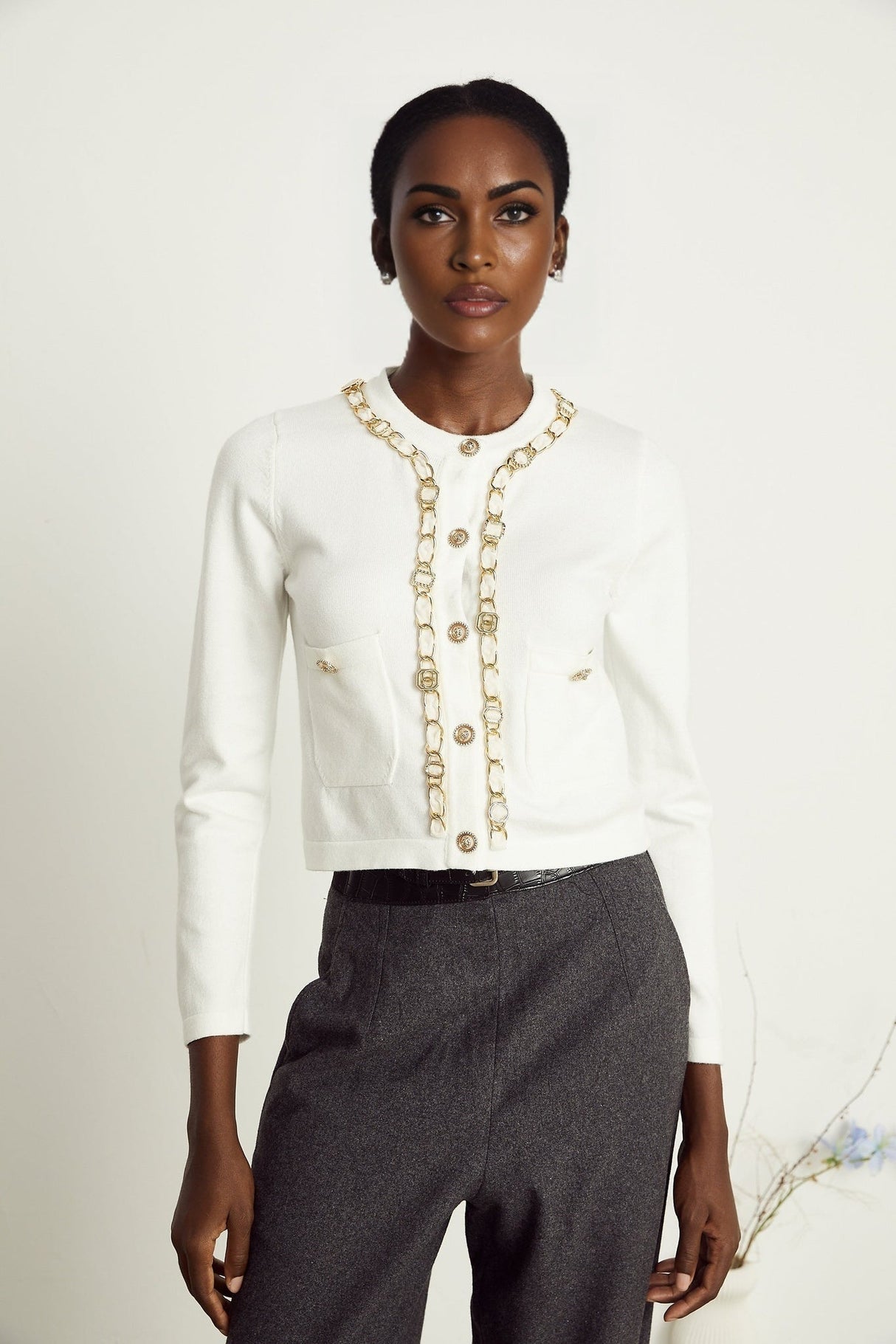 Biancamaria Knitted Cardigan - Chain - link Trim - Long Sleeves - Patch Pockets - Decorative Buttons