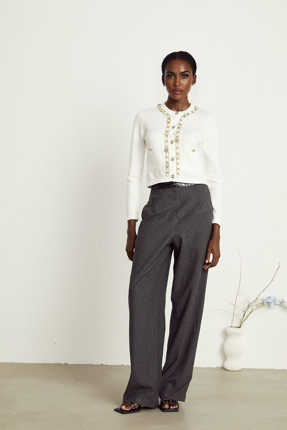 Biancamaria Knitted Cardigan - Chain - link Trim - Long Sleeves - Patch Pockets - Decorative Buttons