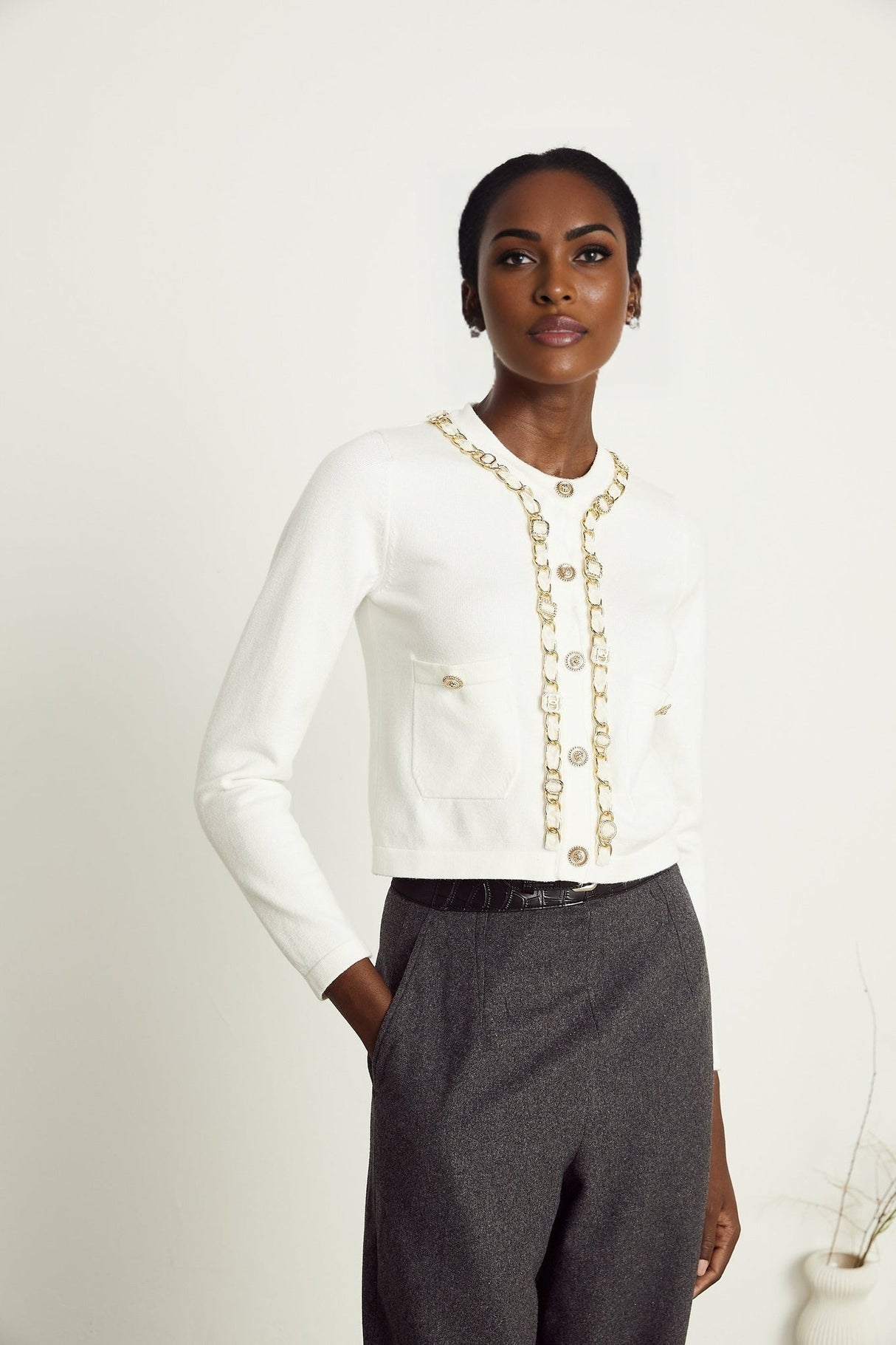 Biancamaria Knitted Cardigan - Chain - link Trim - Long Sleeves - Patch Pockets - Decorative Buttons