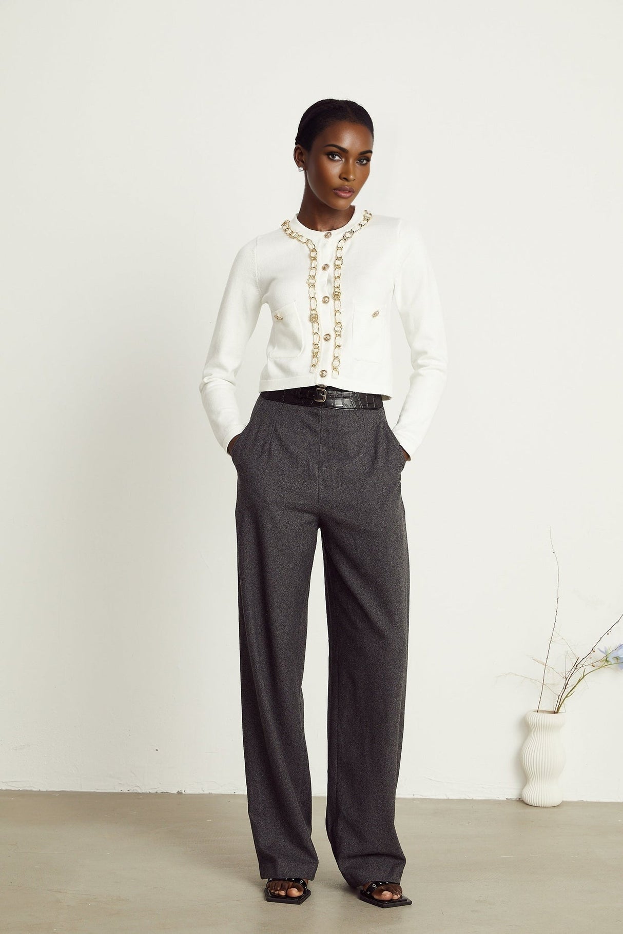 Biancamaria Knitted Cardigan - Chain - link Trim - Long Sleeves - Patch Pockets - Decorative Buttons