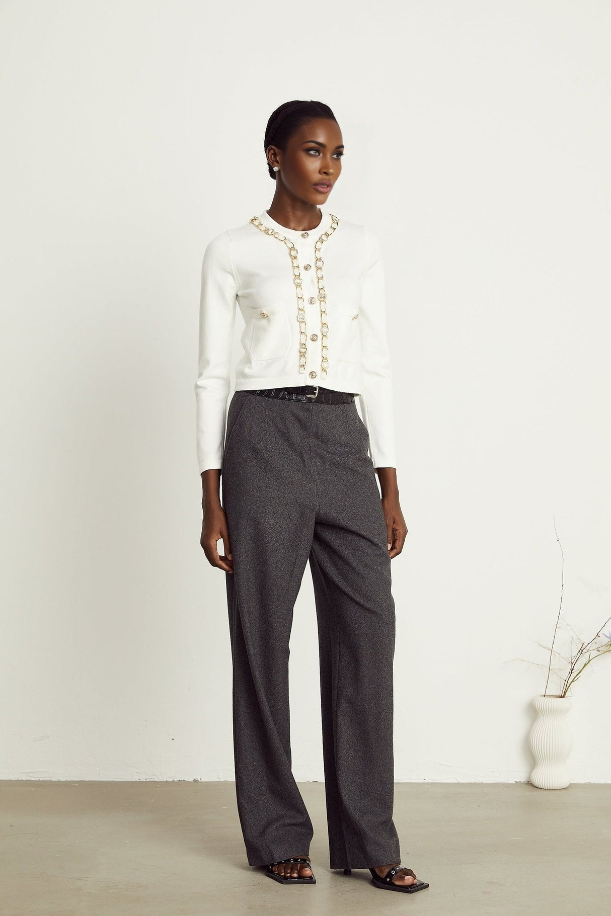 Biancamaria Knitted Cardigan - Chain - link Trim - Long Sleeves - Patch Pockets - Decorative Buttons