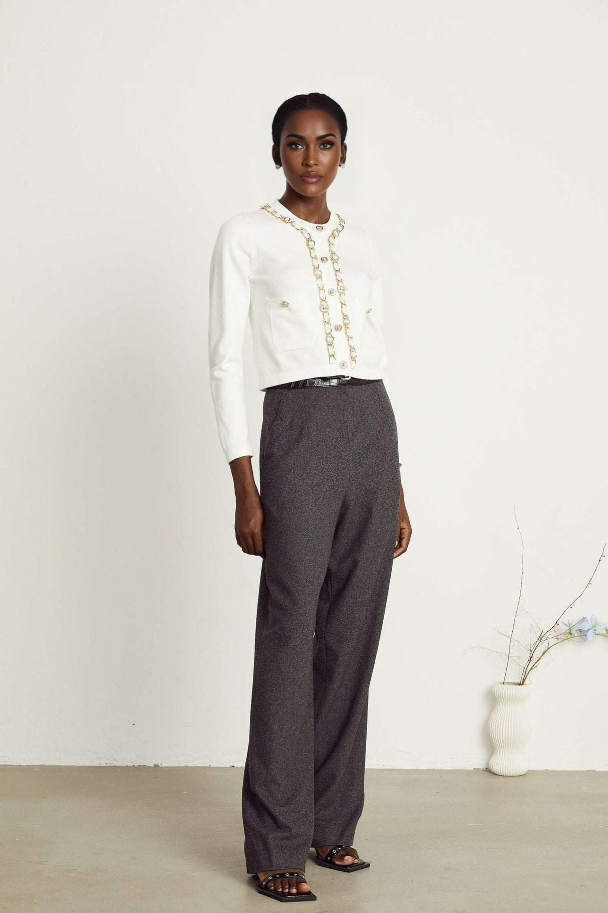 Biancamaria Knitted Cardigan - Chain - link Trim - Long Sleeves - Patch Pockets - Decorative Buttons