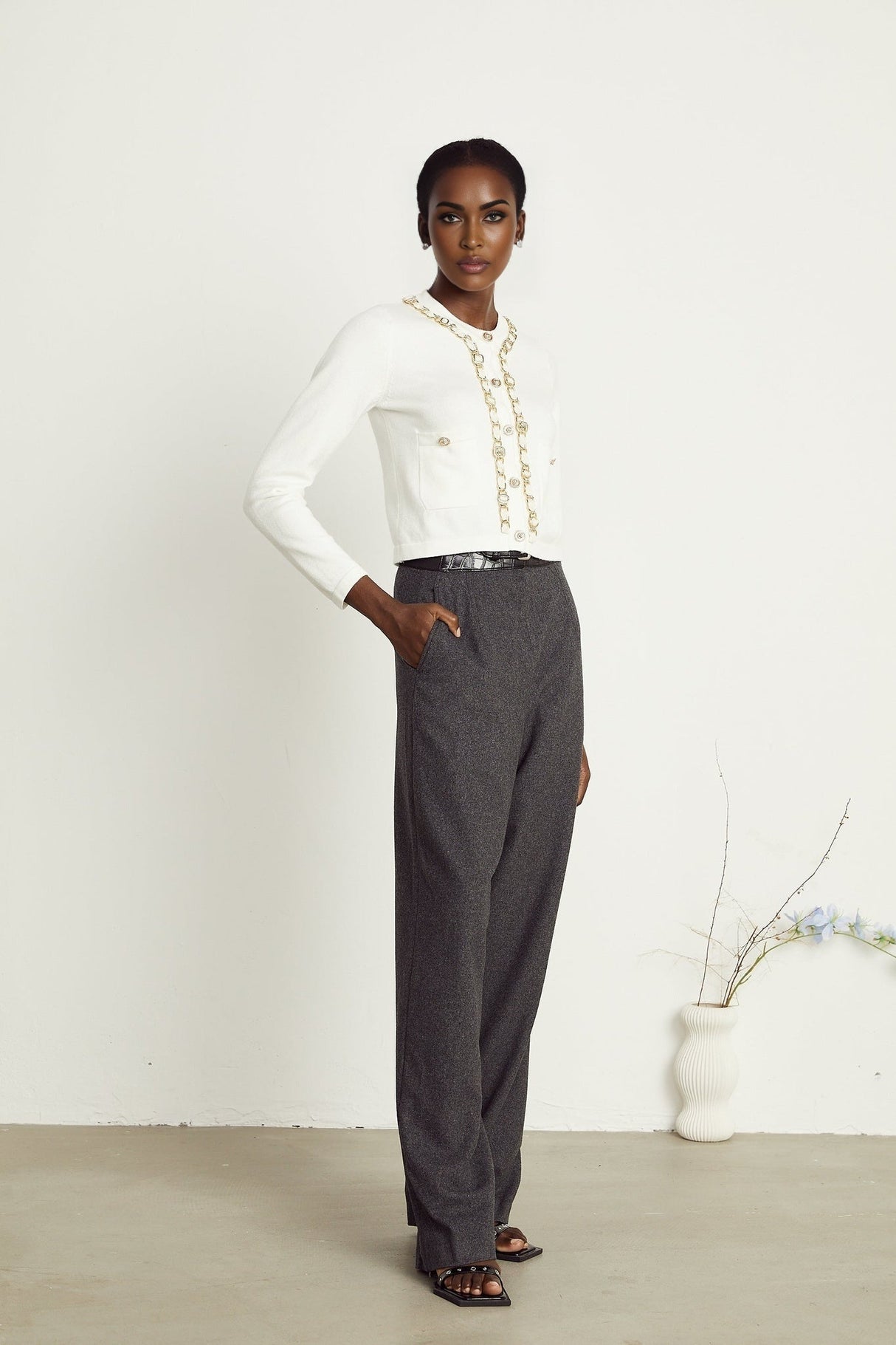 Biancamaria Knitted Cardigan - Chain - link Trim - Long Sleeves - Patch Pockets - Decorative Buttons