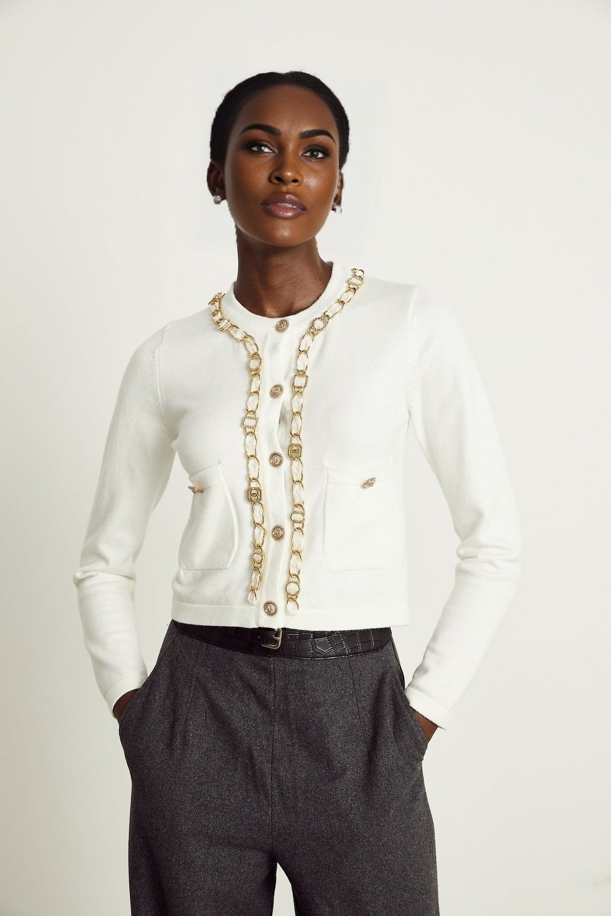 Biancamaria Knitted Cardigan - Chain - link Trim - Long Sleeves - Patch Pockets - Decorative Buttons