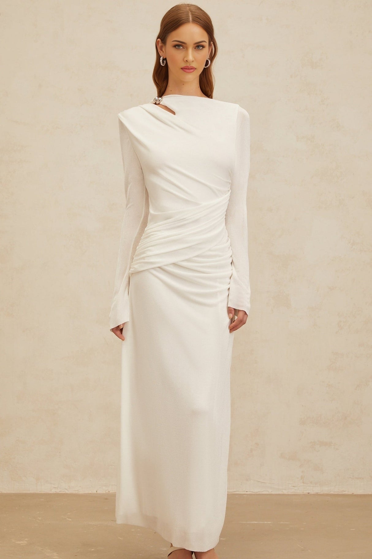 Biancamaria Maxi Dress - White - Side Draping - Cut - Out Detail