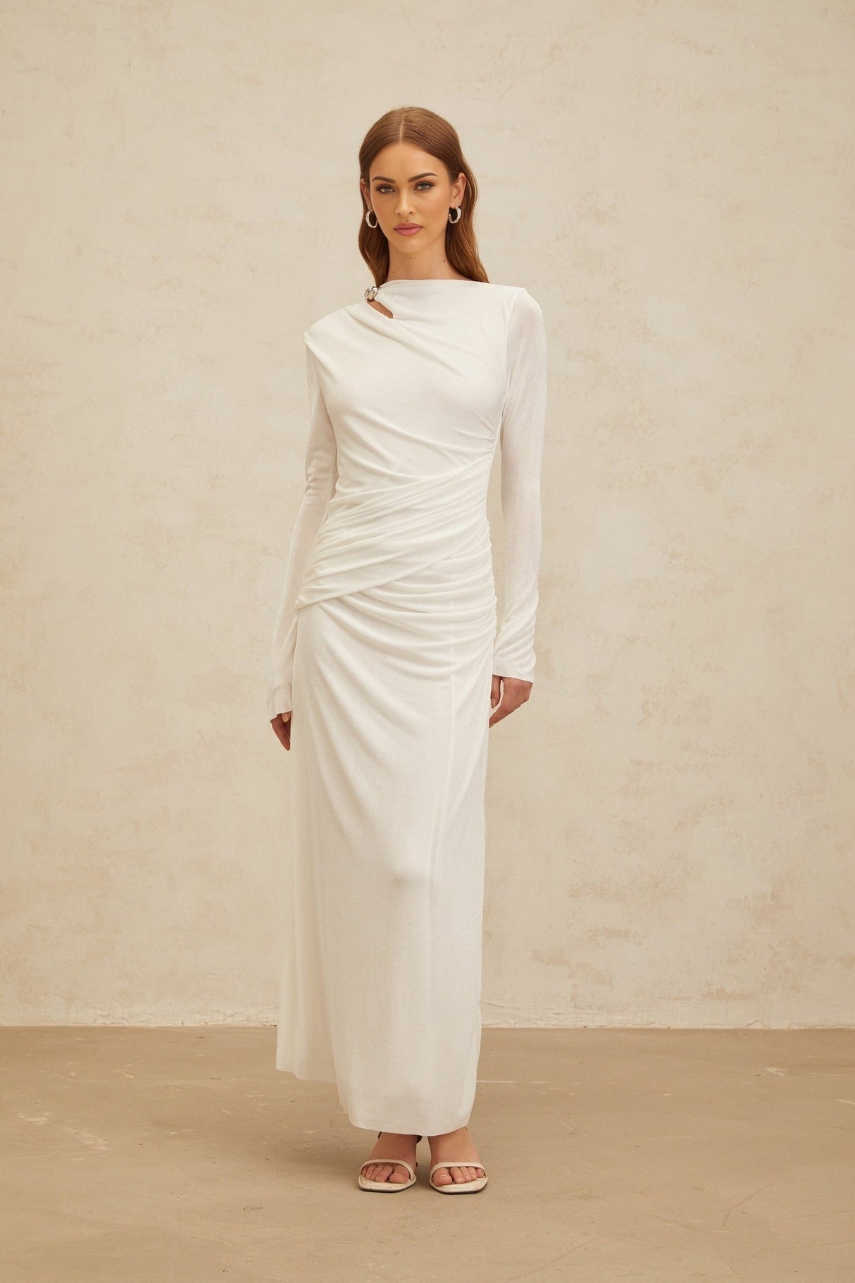 Biancamaria Maxi Dress - White - Side Draping - Cut - Out Detail