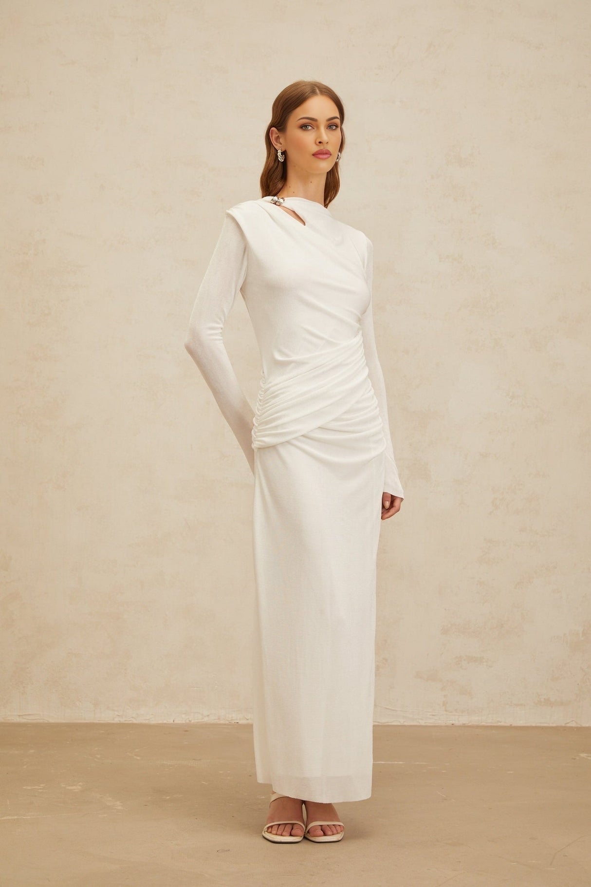 Biancamaria Maxi Dress - White - Side Draping - Cut - Out Detail