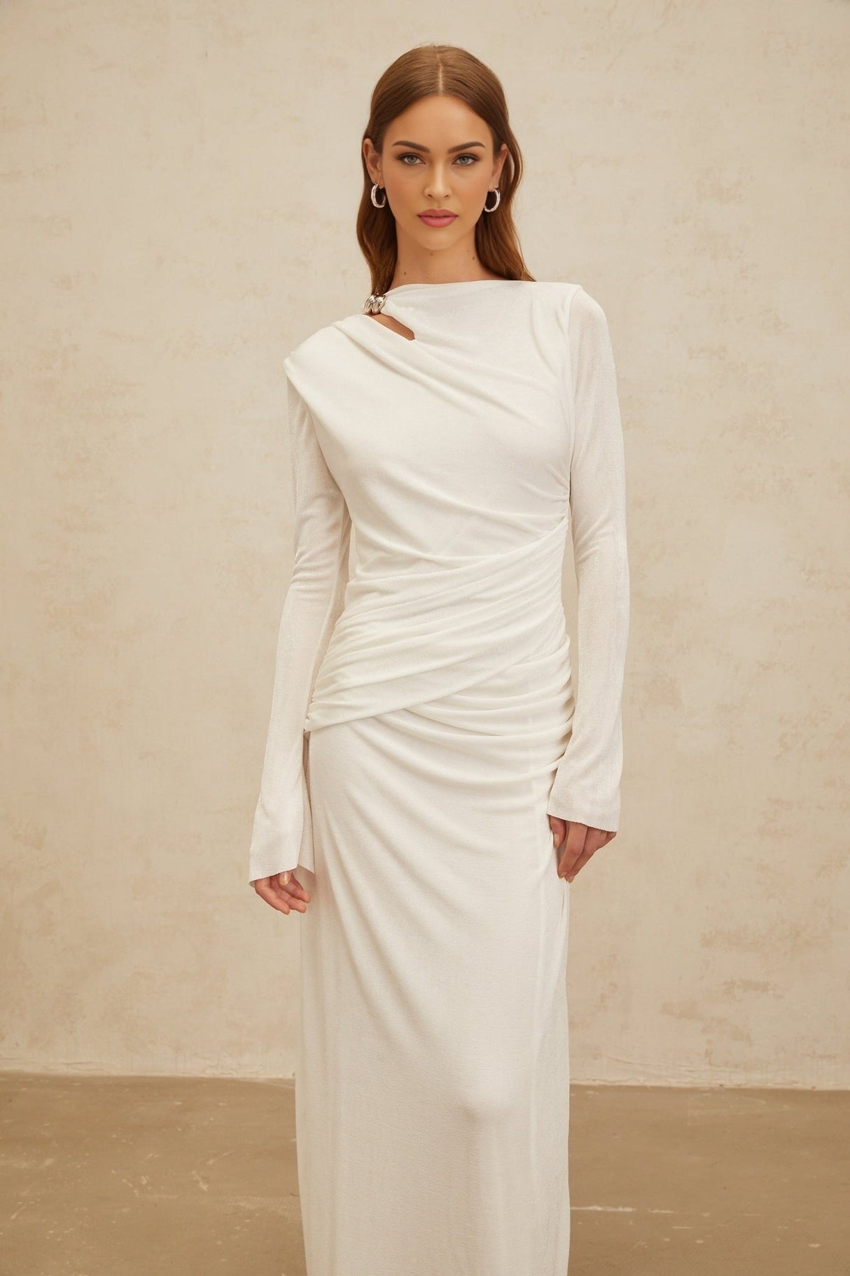 Biancamaria Maxi Dress - White - Side Draping - Cut - Out Detail