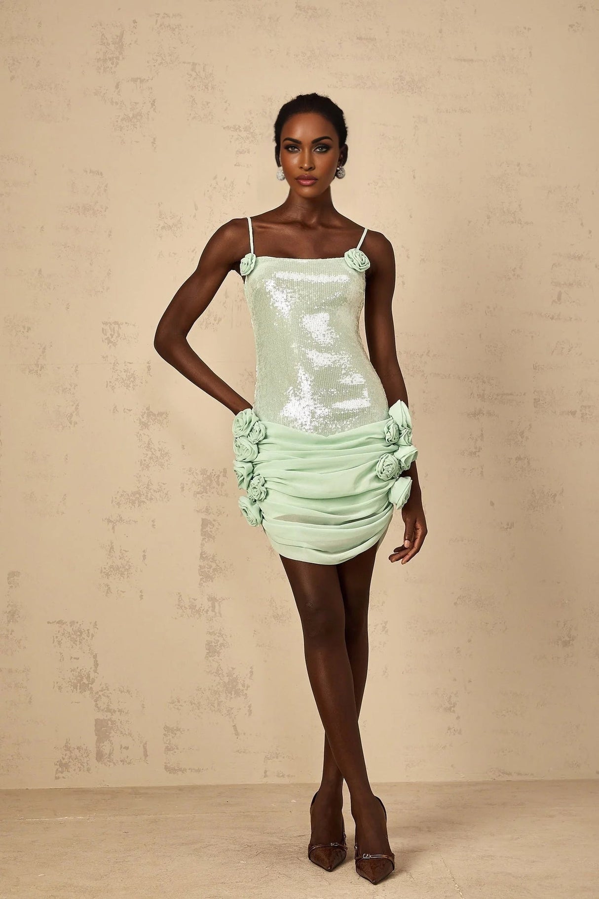 Biancamaria Mini Dress Green Sequin Floral & Tie - Back