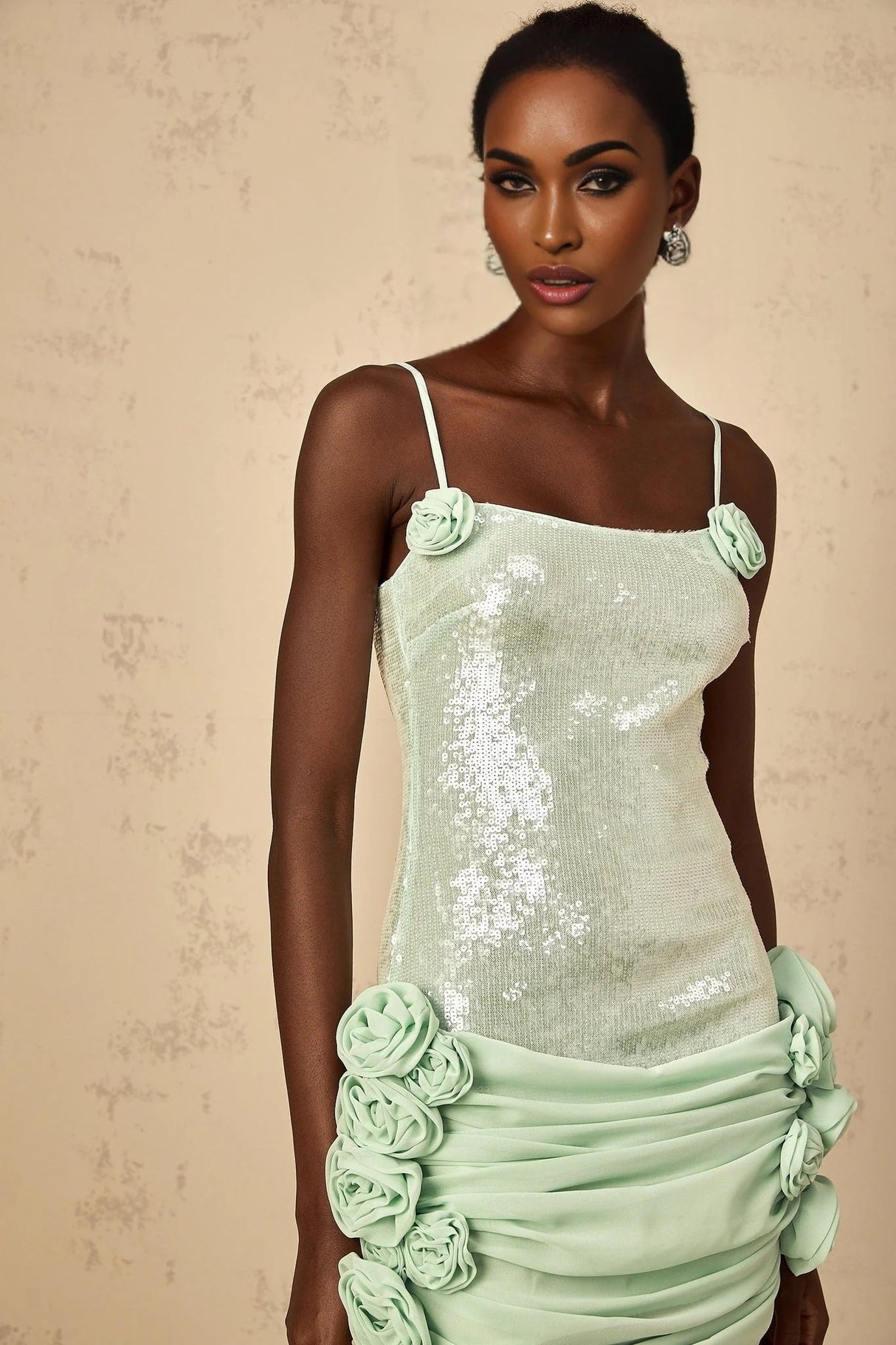 Biancamaria Mini Dress Green Sequin Floral & Tie - Back