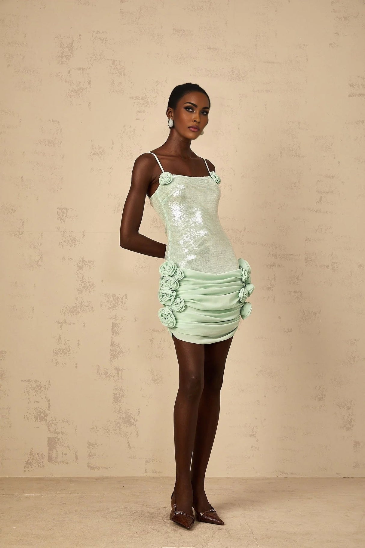 Biancamaria Mini Dress Green Sequin Floral & Tie - Back