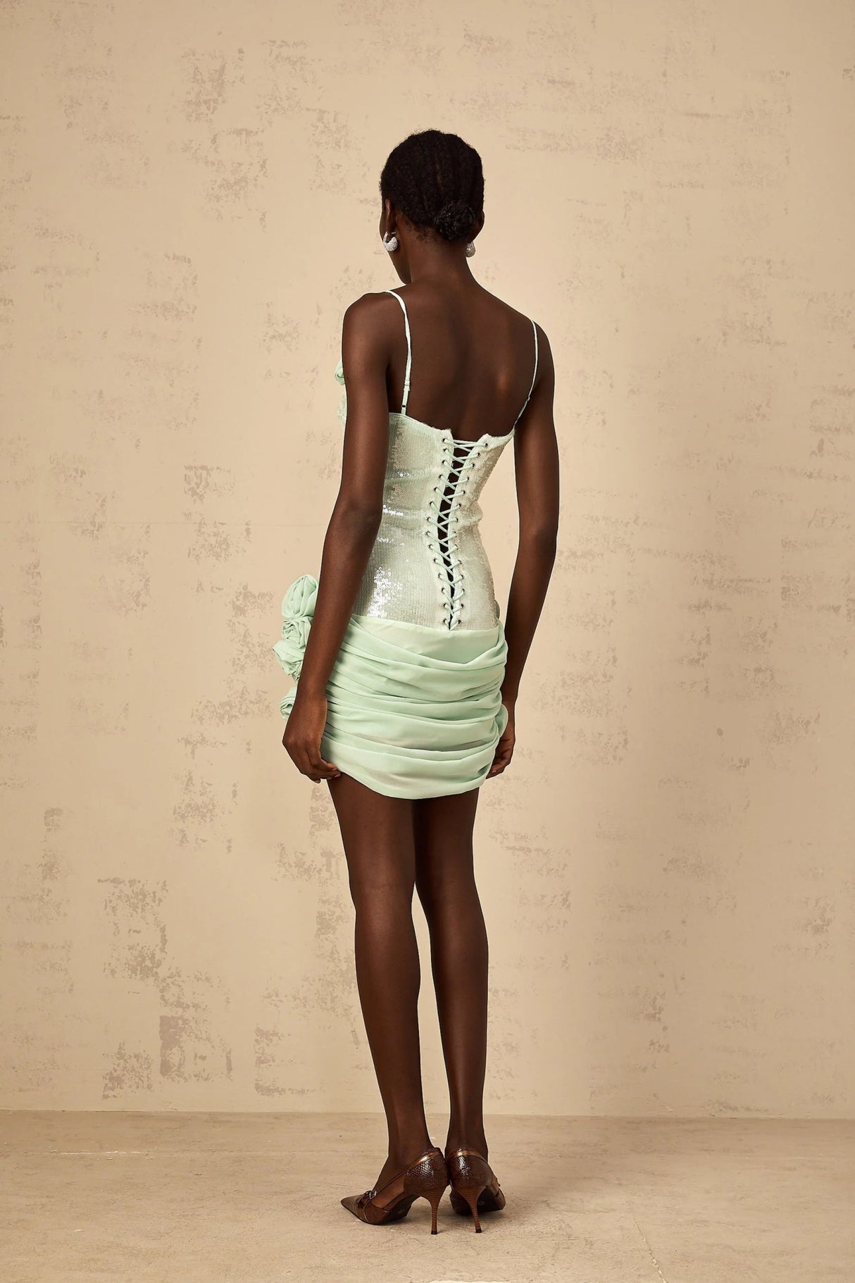 Biancamaria Mini Dress Green Sequin Floral & Tie - Back