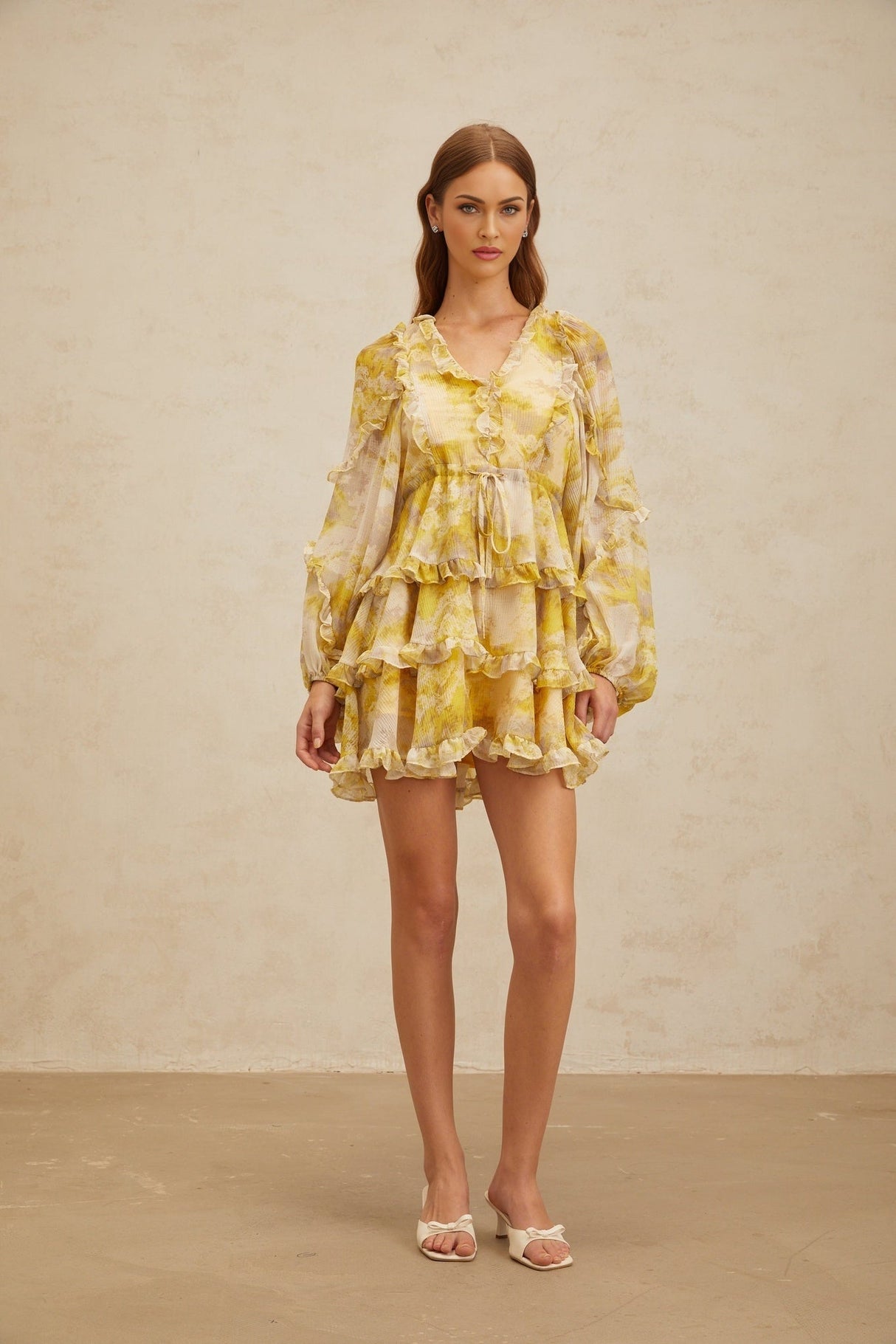 Biancamaria Mini Dress - V - Neck - Long Puff Sleeves - Cinched Waist - Graphic Print - Ruffled Trim