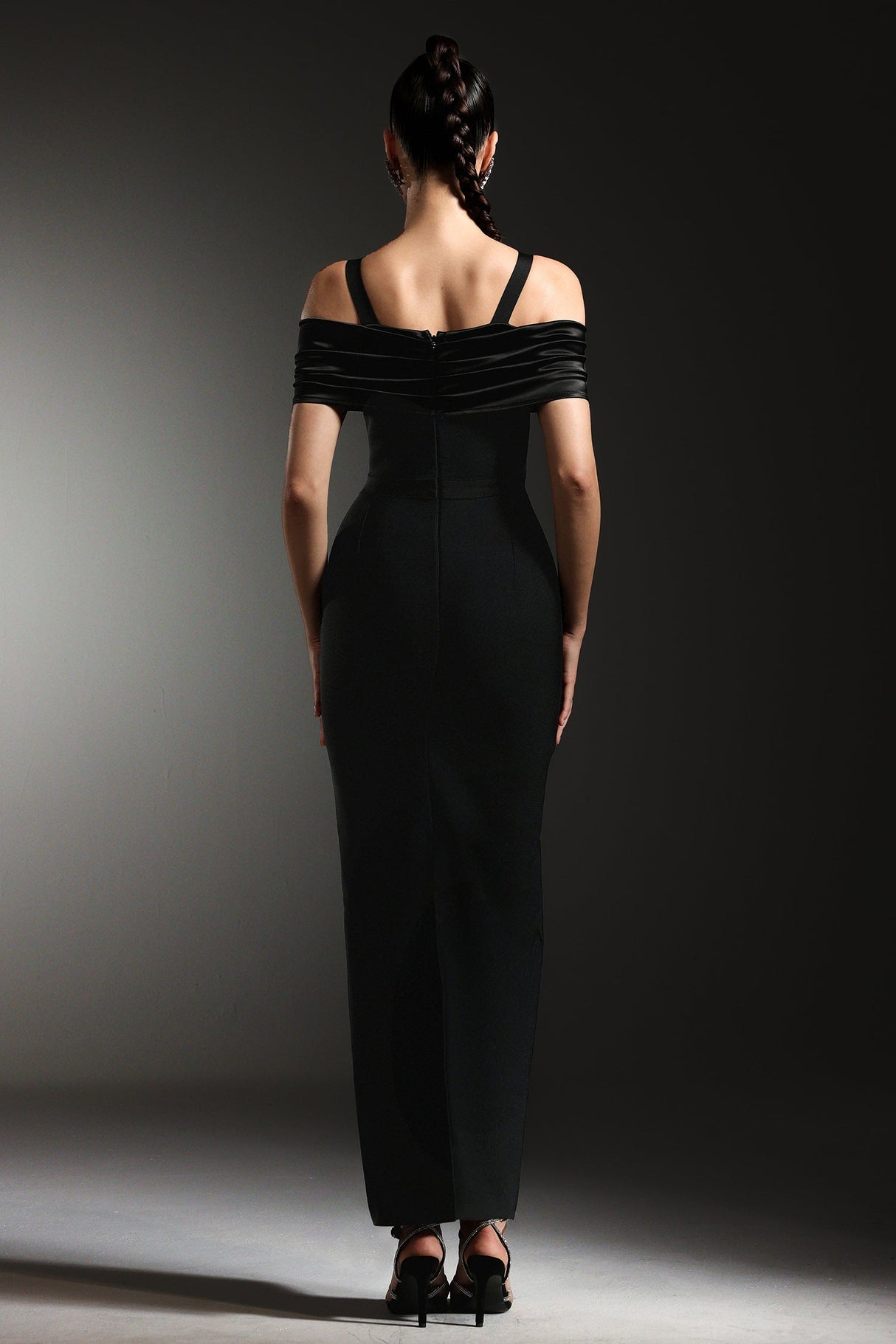 Bianchina Black Off-Shoulder Diamond Detail Maxi Dress