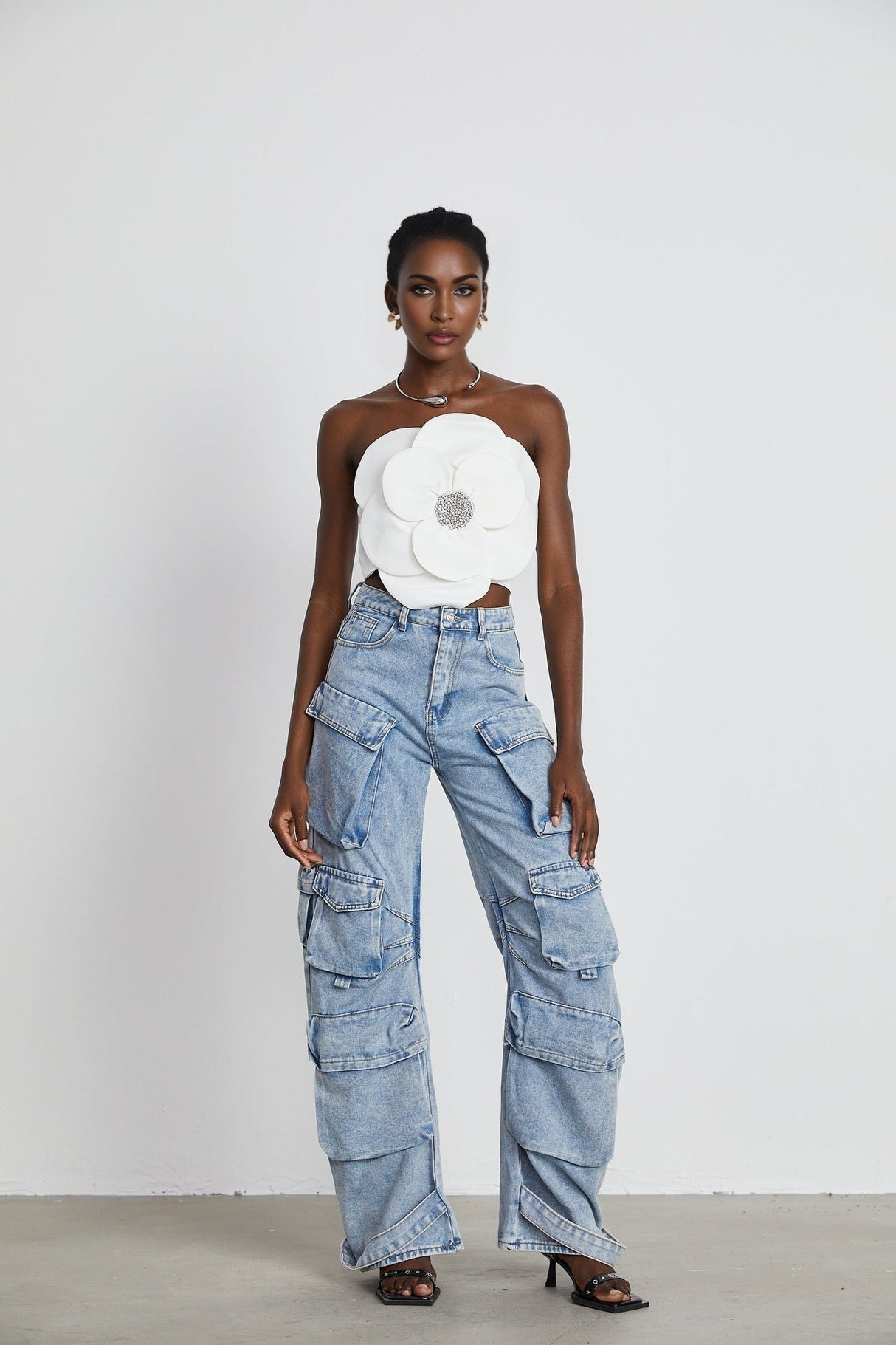 Bianchina Floral Top - Sleeveless Off the Shoulder with Floral Appliqu Crystal Embellishment Trendy Cropped