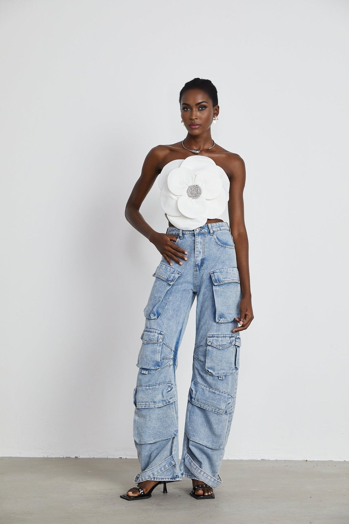 Bianchina Floral Top - Sleeveless Off the Shoulder with Floral Appliqu Crystal Embellishment Trendy Cropped