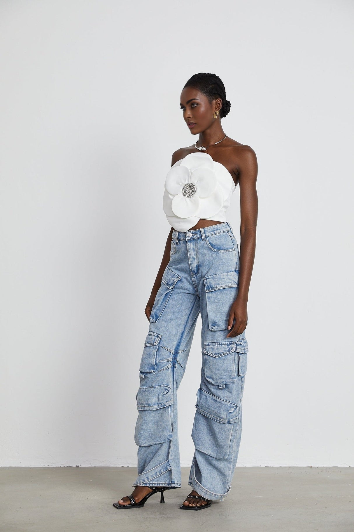 Bianchina Floral Top - Sleeveless Off the Shoulder with Floral Appliqu Crystal Embellishment Trendy Cropped