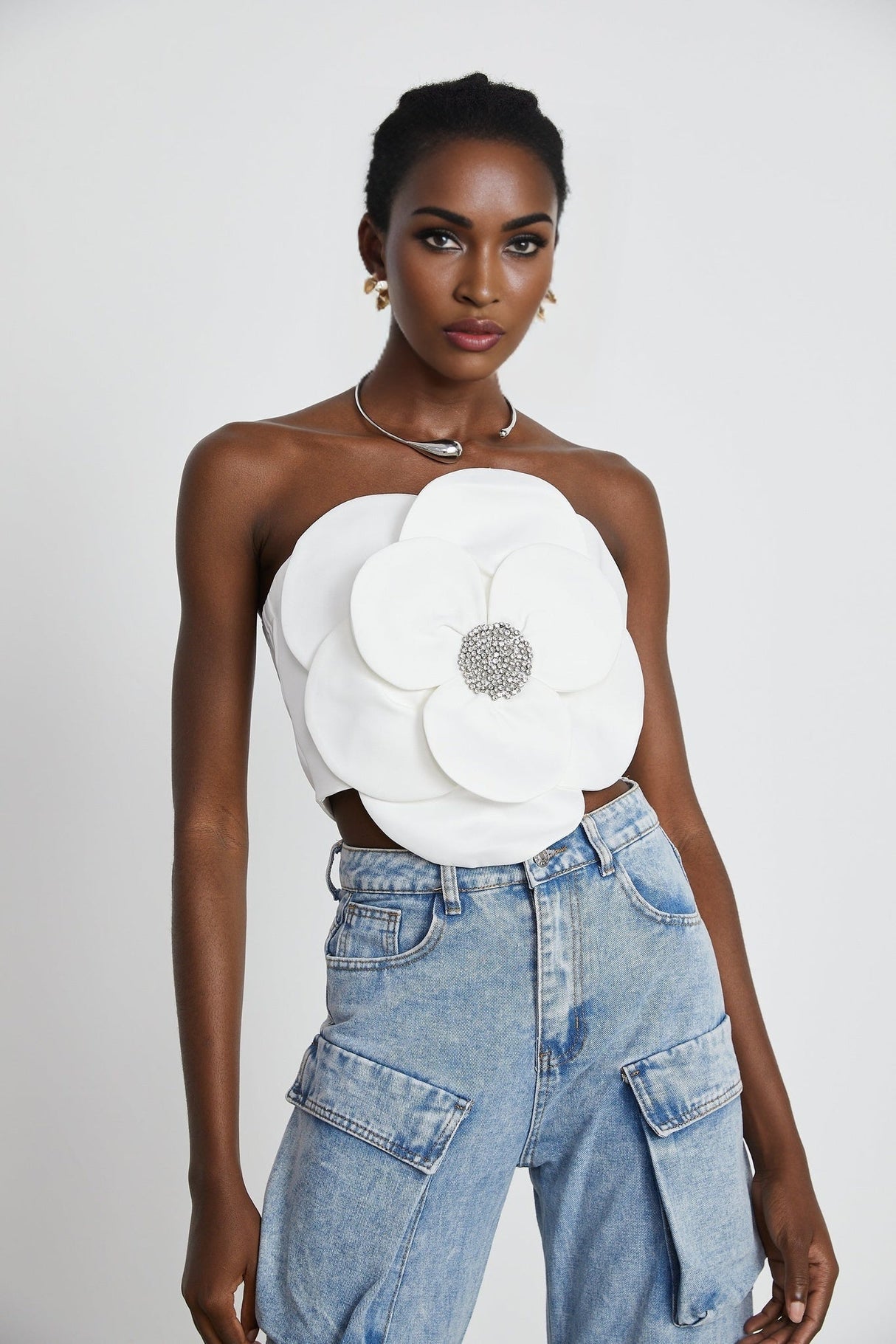 Bianchina Floral Top - Sleeveless Off the Shoulder with Floral Appliqu Crystal Embellishment Trendy Cropped