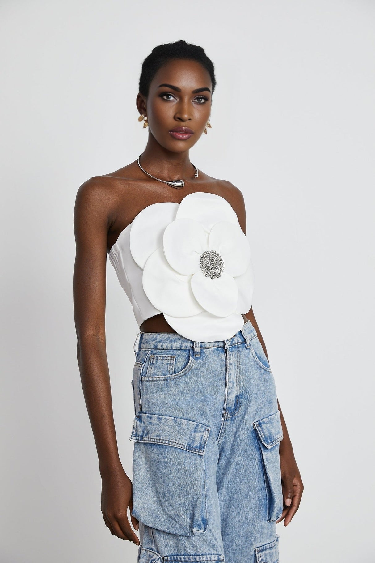 Bianchina Floral Top - Sleeveless Off the Shoulder with Floral Appliqu Crystal Embellishment Trendy Cropped