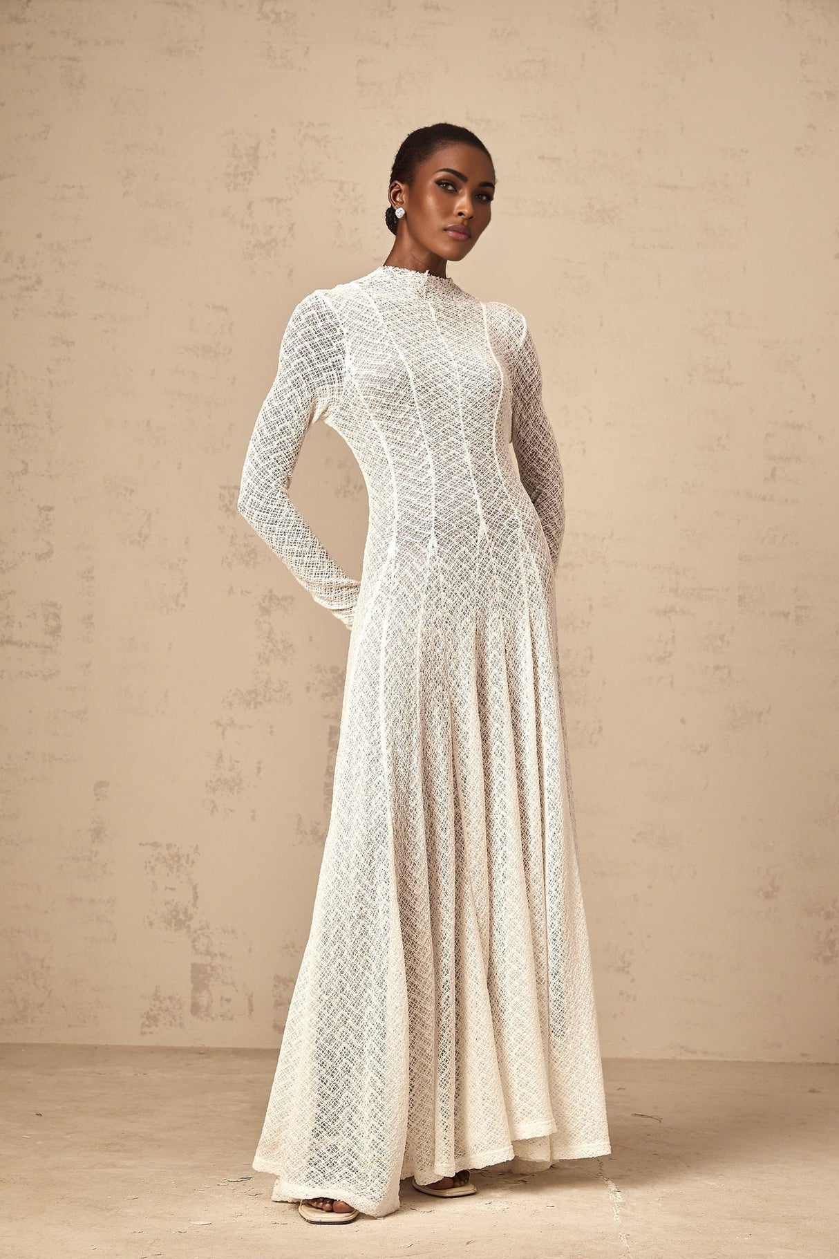Bianchina Maxi Dress - Long Sleeves - Lace Overlay - Wavy Pattern - Pleated Detail