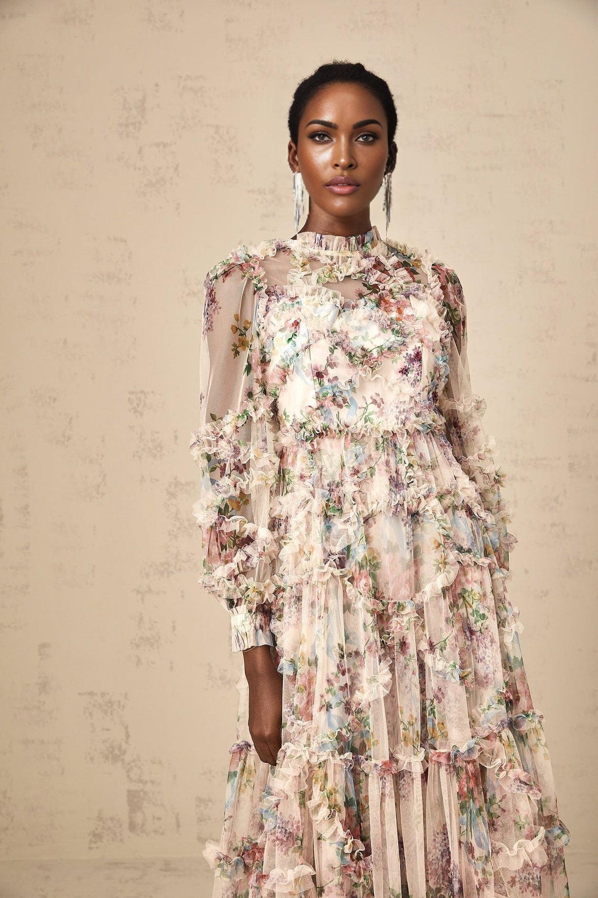 Bianchina Midi Dress – Crew Neck – Floral Print – Tulle Overlay