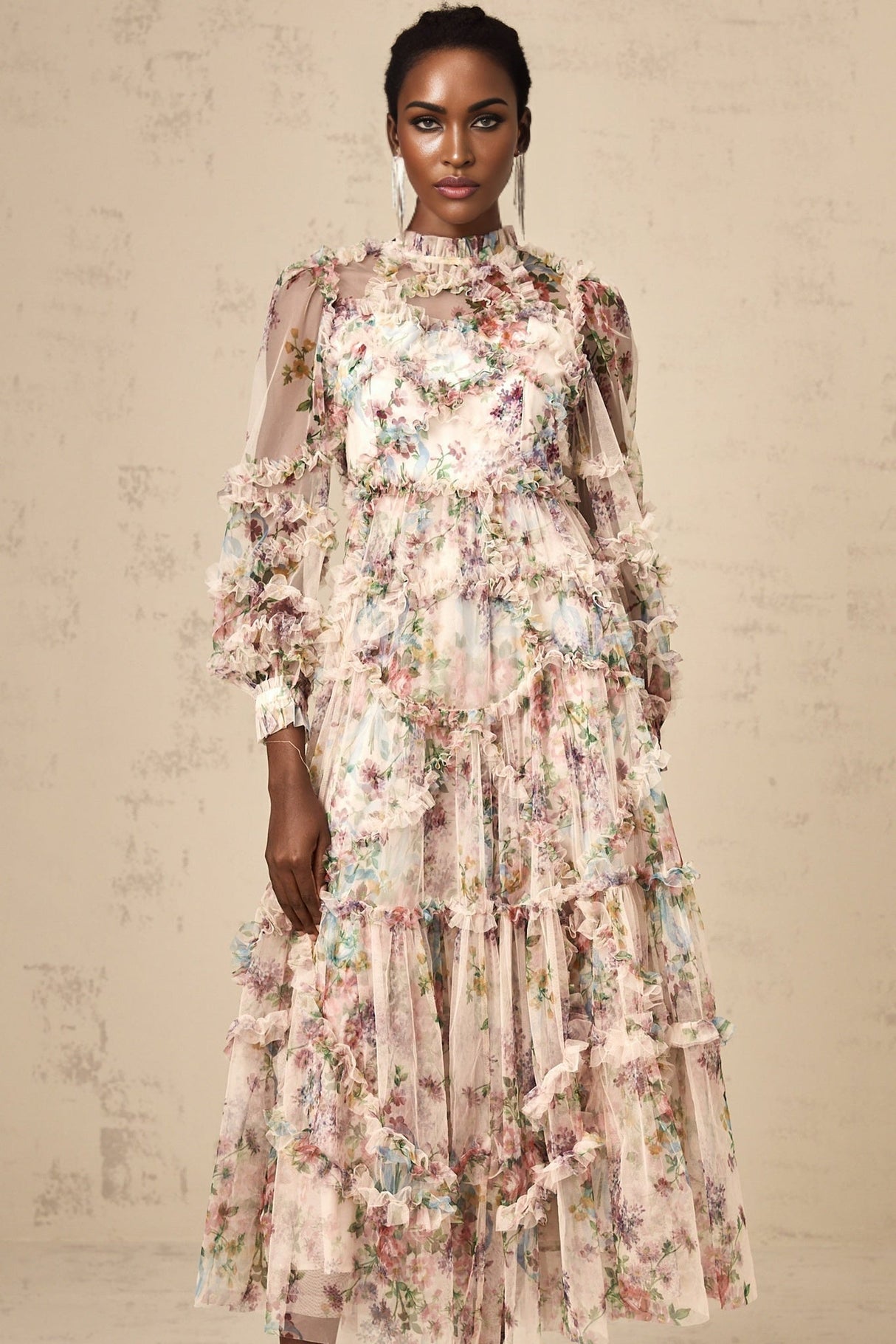 Bianchina Midi Dress – Crew Neck – Floral Print – Tulle Overlay
