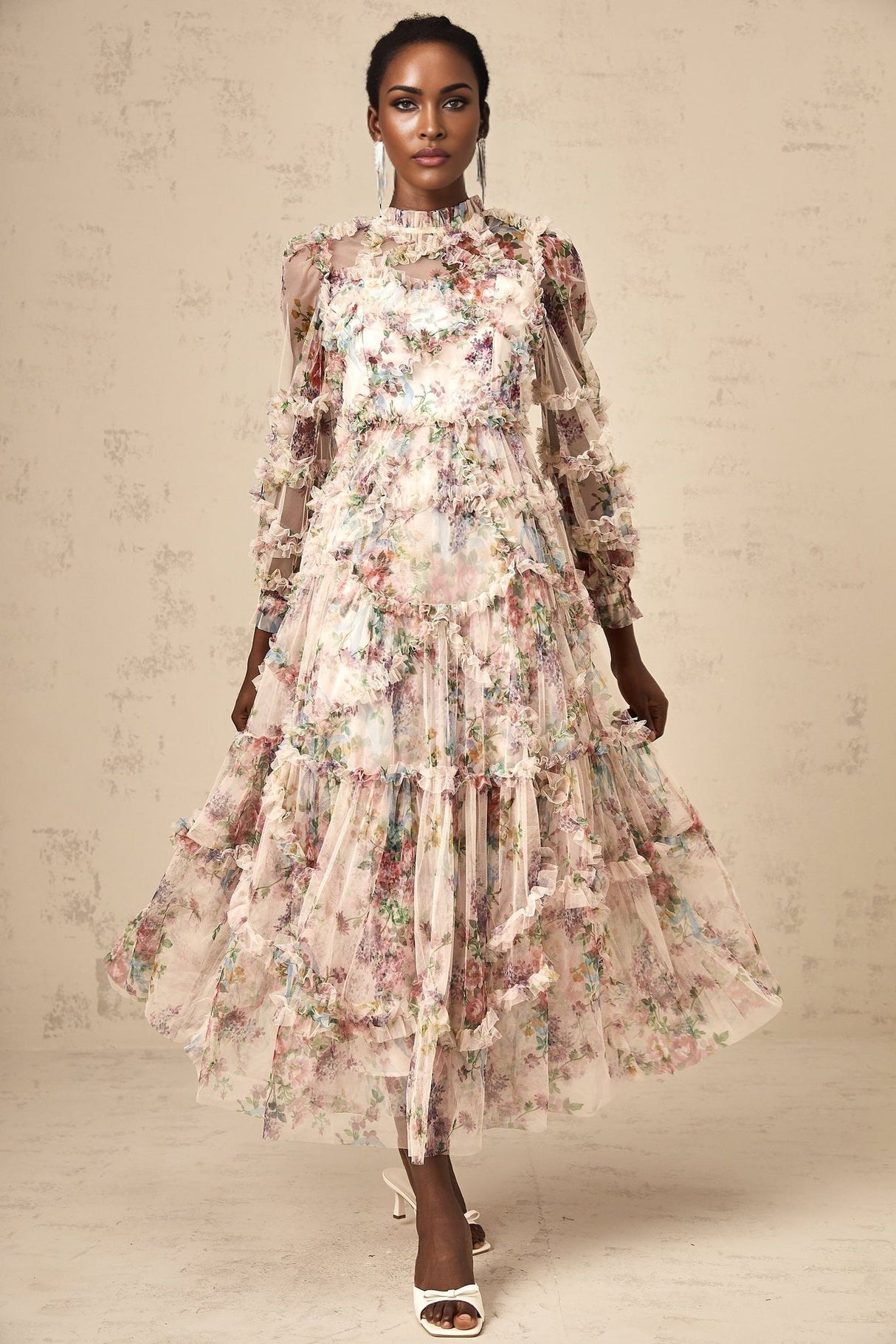 Bianchina Midi Dress – Crew Neck – Floral Print – Tulle Overlay