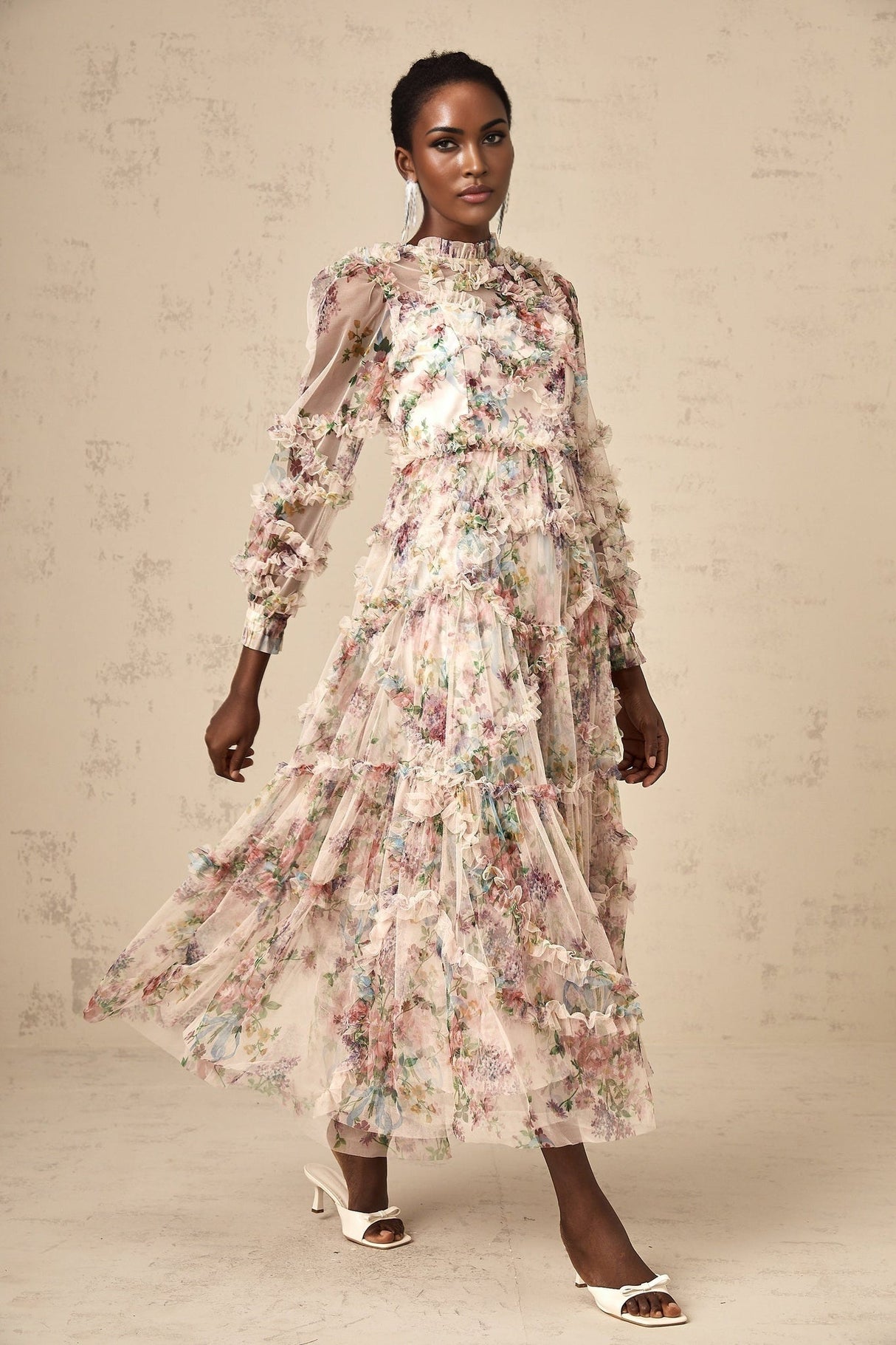 Bianchina Midi Dress – Crew Neck – Floral Print – Tulle Overlay