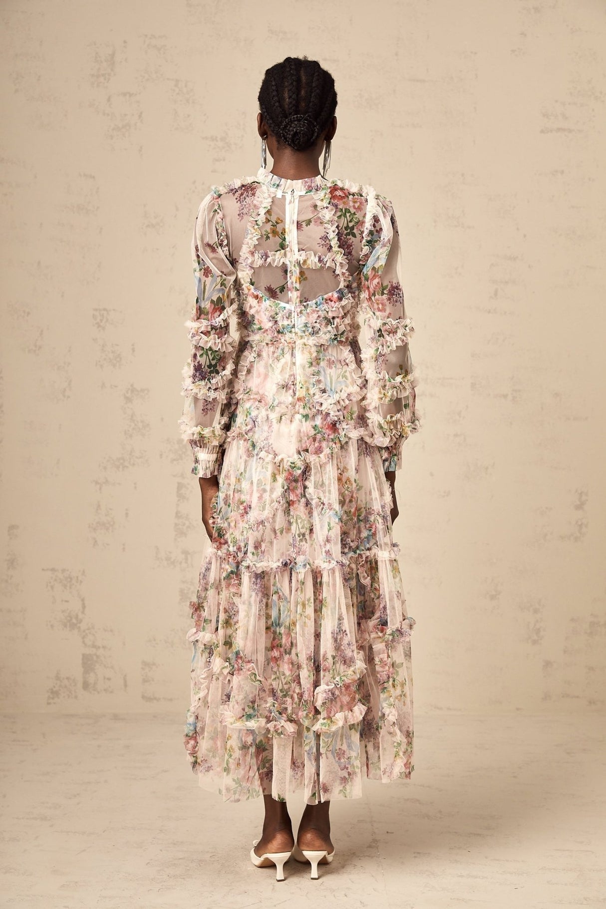 Bianchina Midi Dress – Crew Neck – Floral Print – Tulle Overlay